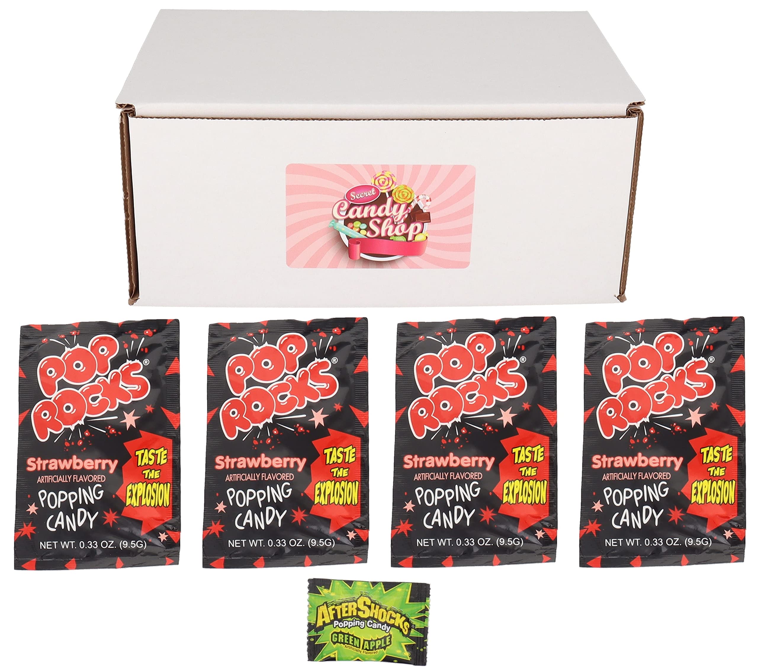 SECRET CANDY SHOP Popping Candy - 4 Pack of Pop Rocks with Free After Shocks Strawberry Flavor | Fun Party Favors, Movie Night Snacks & Unique Gifts for Kids and Adults