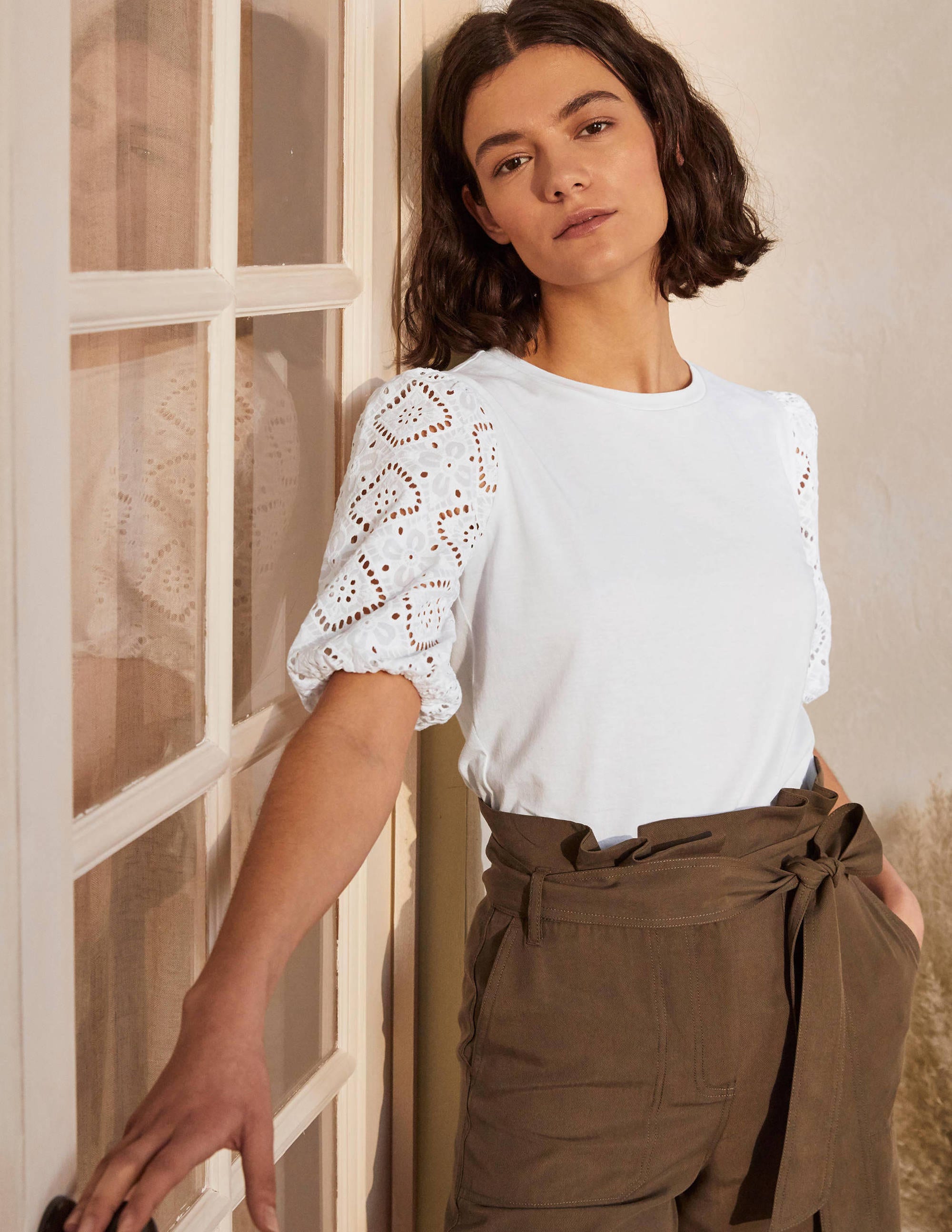 Abigail Puff Sleeve Jersey Top - Women's White Blouse for Casual Wear & Summer Outfits