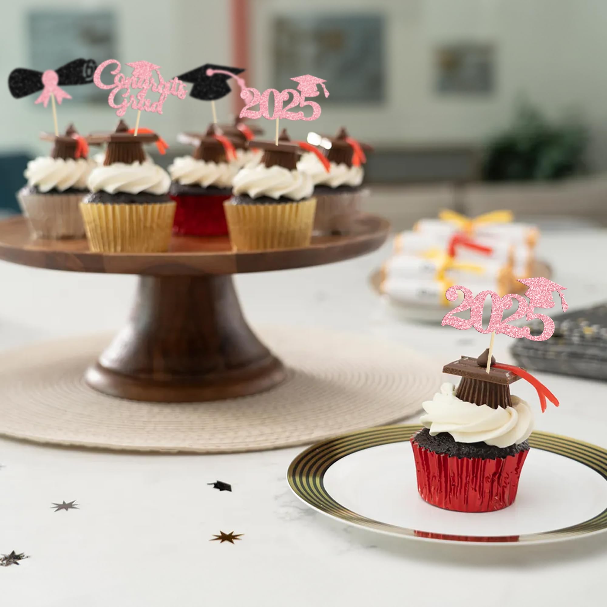 24Pcs 2025 Graduation Cupcake Toppers - Glitter Class of 2025 Diploma & Cap Cake Decorations - Pink Graduation Party Supplies for Graduation Ceremony, School Celebration & Dessert Table Decor