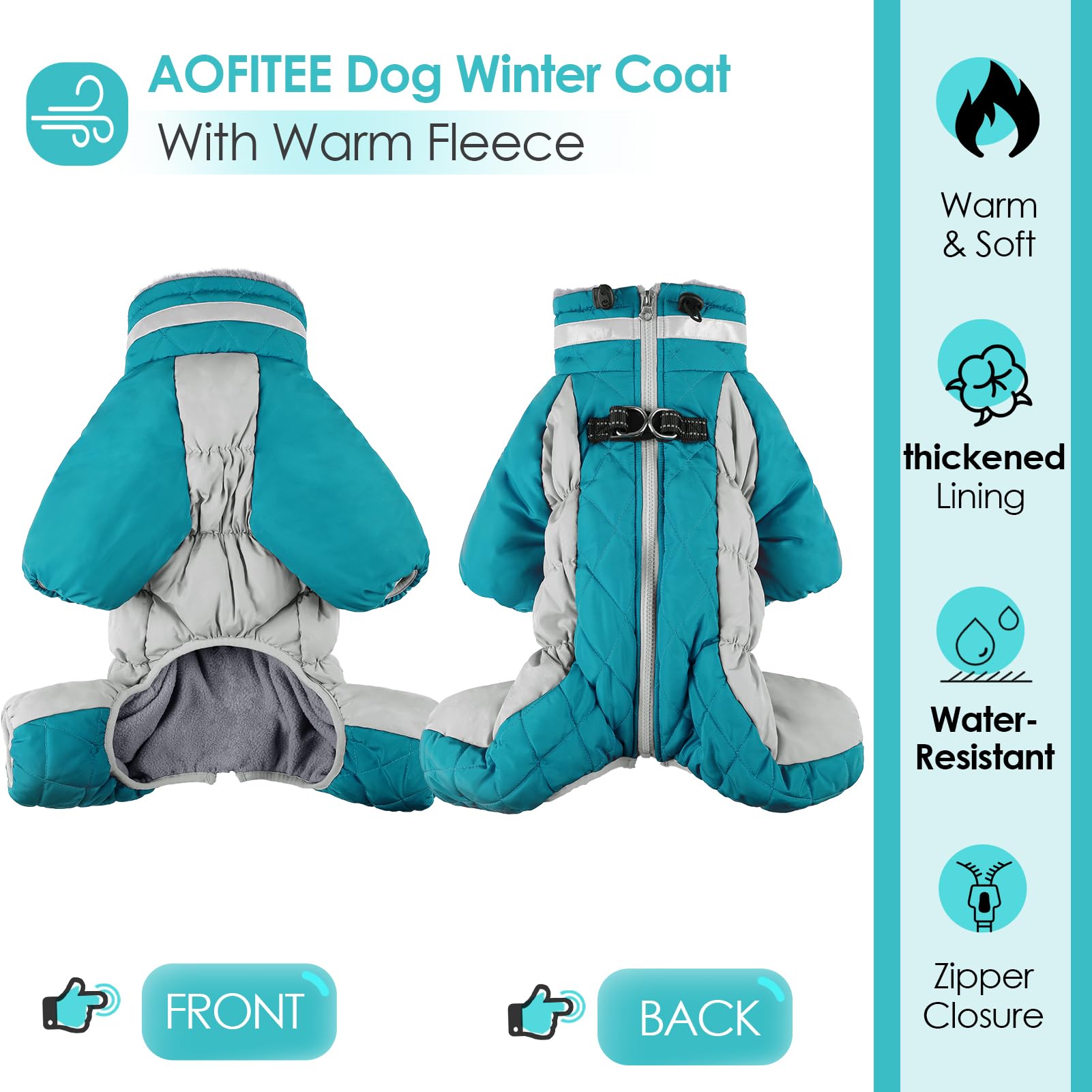 AOFITEE Fullbody Dog Coat - Warm Fleece Dog Jacket with Built-in Harness, Windproof & Reflective Winter Snowsuit for Small Medium Large Dogs - Perfect for Cold Weather, Snow Adventures & Nighttime Walks