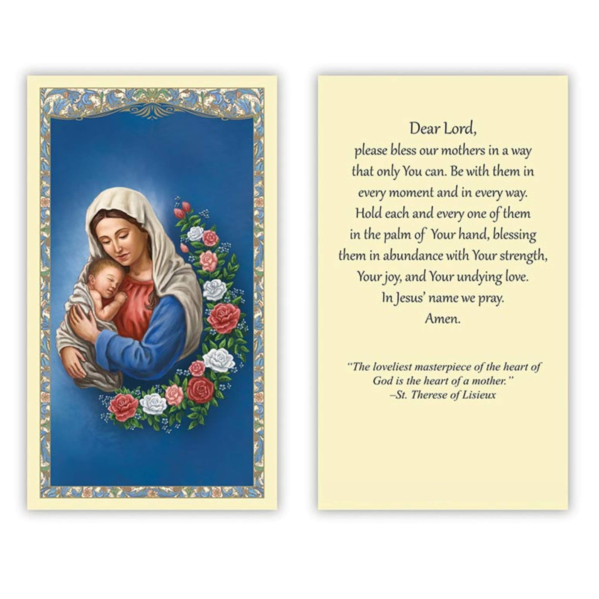 Needzo Heart of a Mother Holy Card with St. Therese Prayer - Virgin Mary & Baby Jesus Religious Gift for Sunday School, Church, Mass - 2 3/8 x 4 1/8 Inches - 5 Pack - Perfect for Baptism, First Communion & Confirmation Gifts
