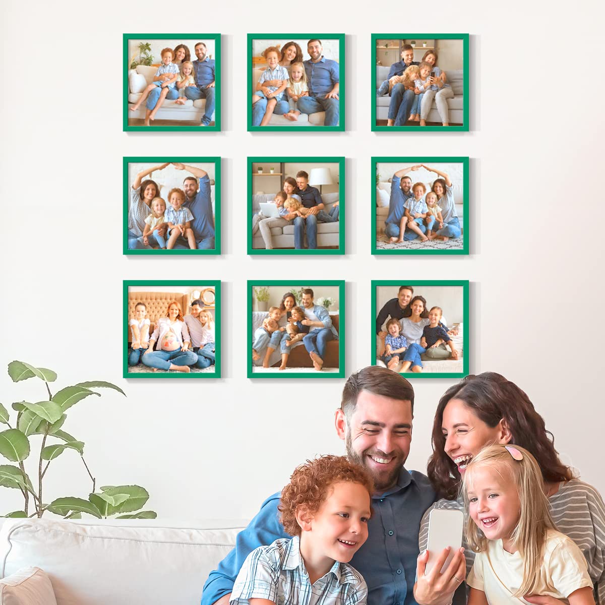 Set of 9 Custom 8x8 Photo Prints with Real Wood Picture Frames | Personalized Photo Collage Kit | Peel & Stick Wall Frames | Green Wooden Frames for Home Decor, Living Room & Bedroom Wall Art