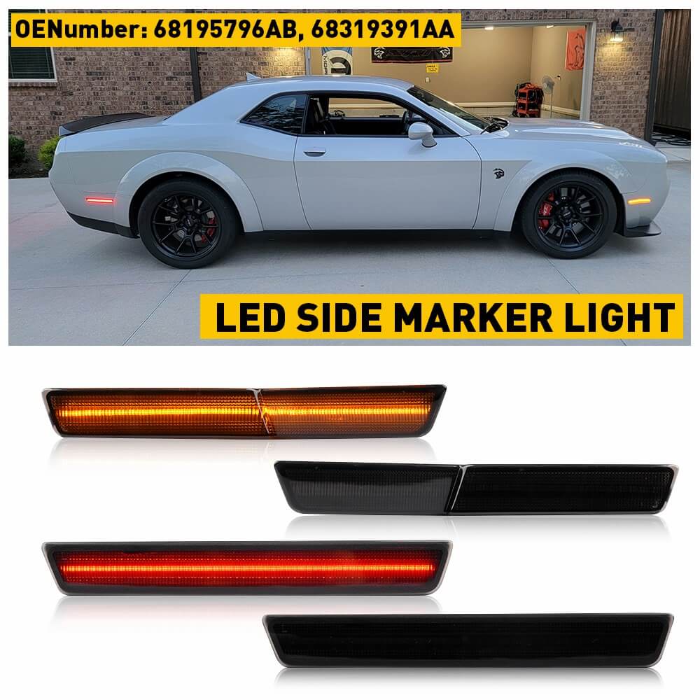 Smoke Shell Full LED Side Marker Lights for 2018-2022 Dodge Challenger SRT & R/T Widebody Models - Front & Rear Bumper Replacement - Enhance Visibility & Style for Night Driving & Car Shows