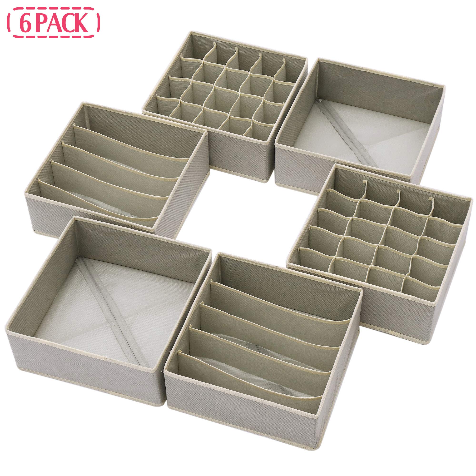 DIOMMELL 6-Pack Foldable Fabric Storage Bins - Closet Organizer for Clothes, Underwear, Bras, Socks & Lingerie - Grey Drawer Dividers & Dresser Baskets (22-2000) | Space-Saving Home & Bedroom Organization Solution