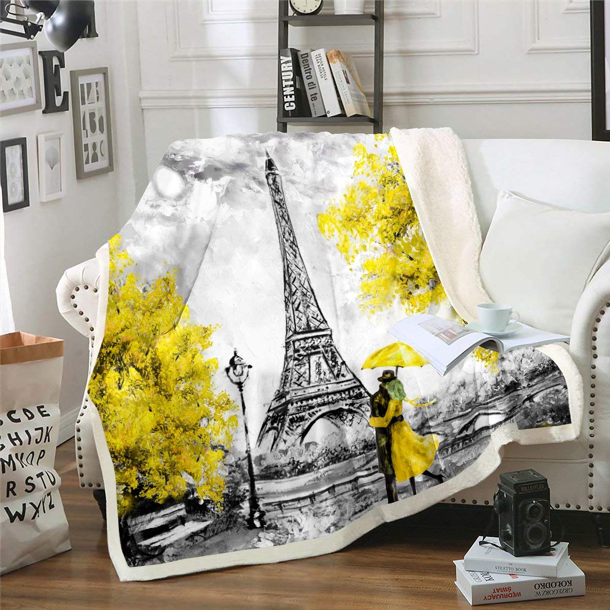 Erosebridal Paris Themed Fleece Throw Blanket - Eiffel Tower Watercolor Sherpa Blanket for Kids, Boys & Teens | Soft Purple Fuzzy Blanket Queen Size | Cozy Bedroom Decor, Gift for Travel Lovers