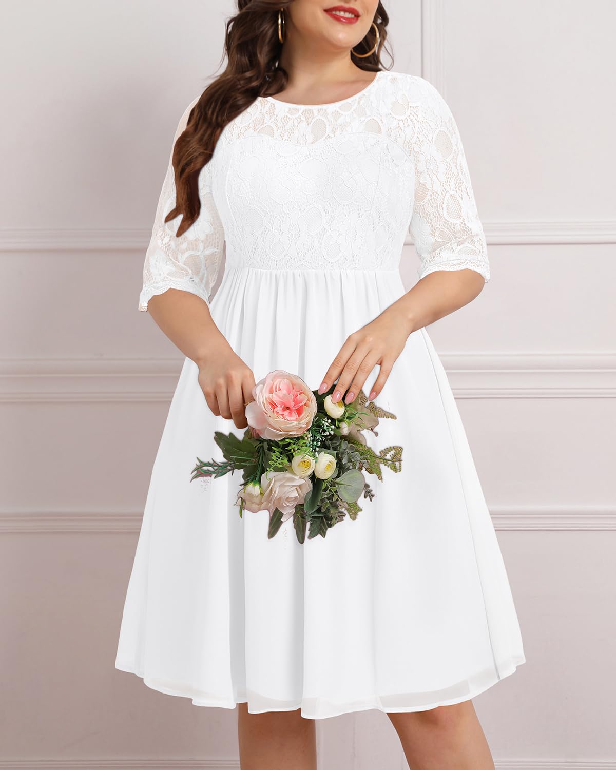 Elegant Plus Size Lace Chiffon Wedding Guest Dress for Women - Cocktail Party Midi Dress with Flowy Skirt | Perfect for Bridal Showers, Formal Events & Special Occasions