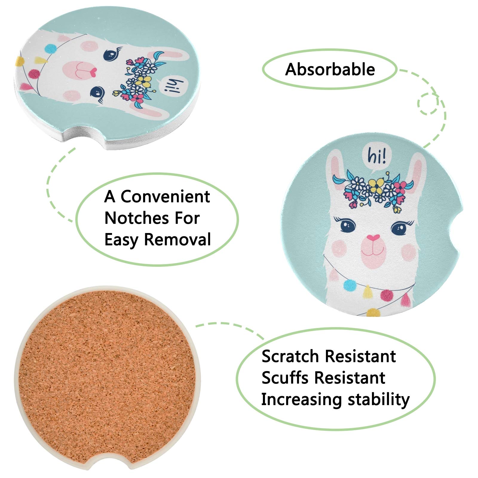 2-Pack Absorbent Ceramic Llama Car Coasters with Cork Back & Finger Slot - Cute Drink Coasters for Car Cup Holders - Perfect Car Accessories Gift for Men & Women - Prevent Spills While Driving