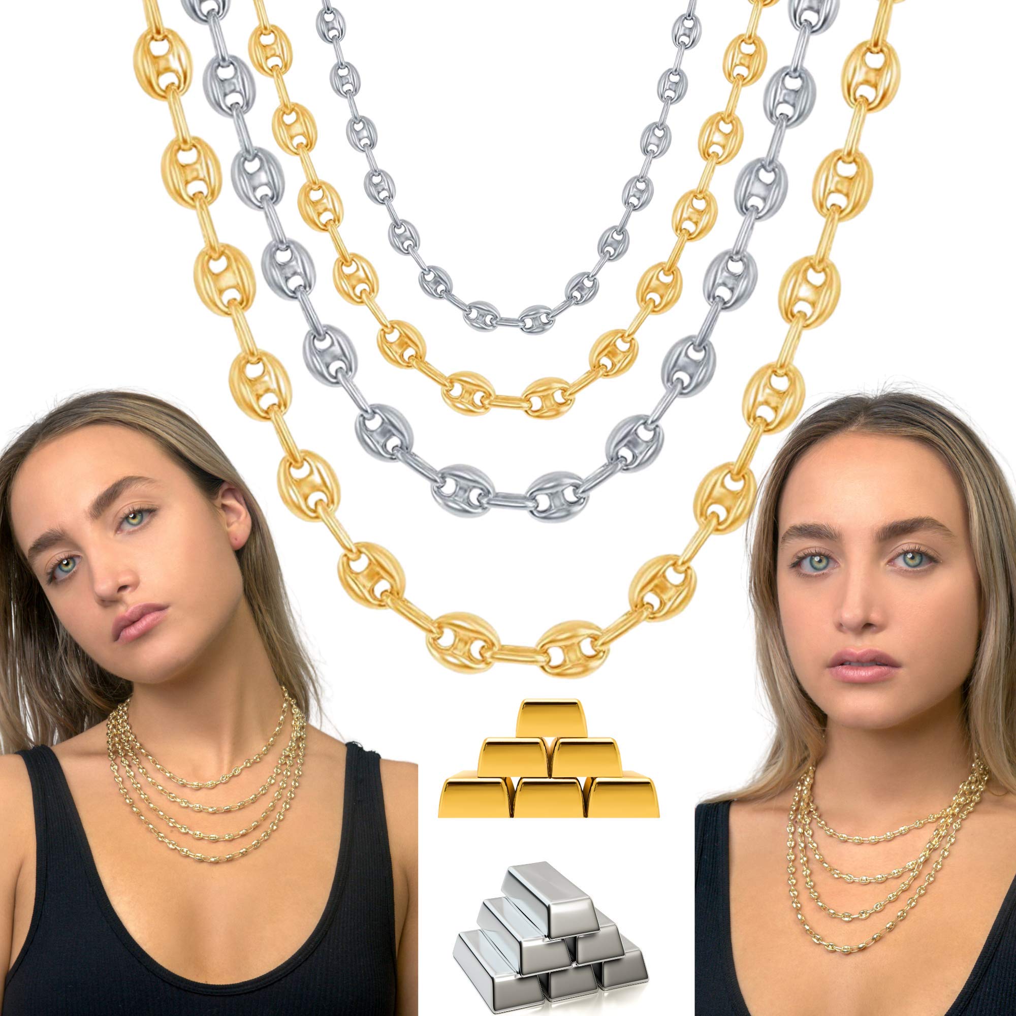14K Gold Plated & Silver Coffee Bean Chain Necklaces for Women - Trendy Layering Necklace Set with Adjustable Length & Width Options | Perfect for Everyday Wear, Office Style, and Gift Giving
