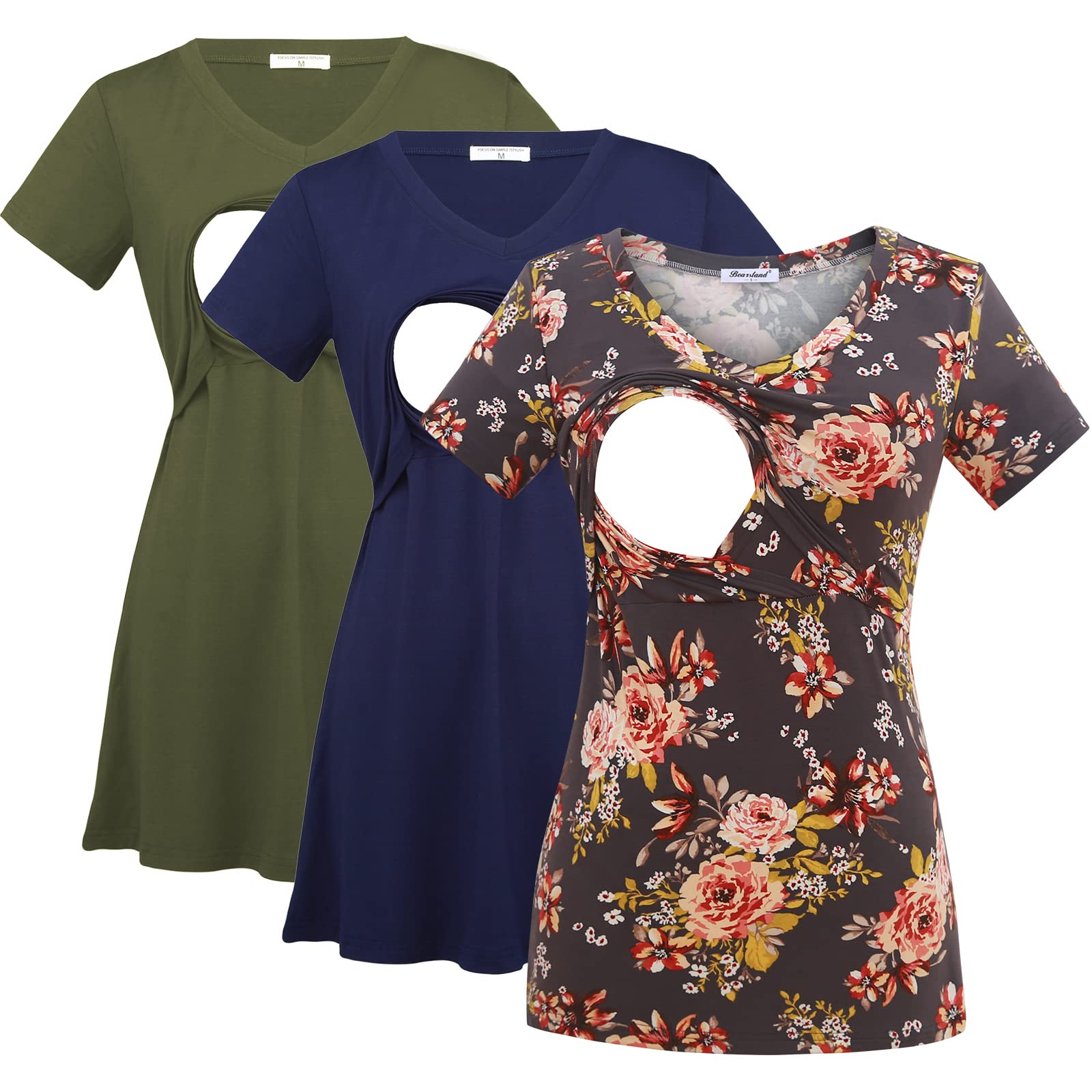 Bearsland Women's 3-Pack V-Neck Nursing Tops - Soft Maternity Breastfeeding Shirts for Comfortable Pumping & Nursing at Home or Outdoors