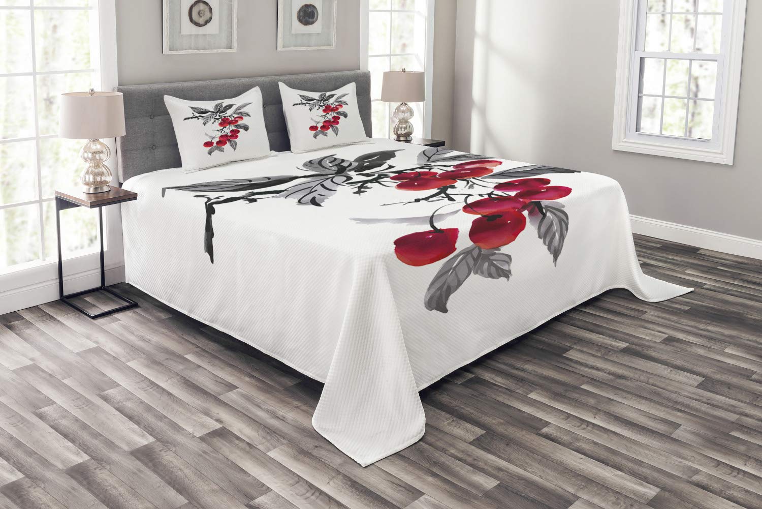 Ambesonne Rowan Bedspread Set - Watercolor Mountain Wild Nature Foliage Art with Rowan Branch & Fruits - 3 Piece King Size Bedding Set (Coverlet + 2 Pillow Shams) in Grey Red Black - Perfect for Rustic, Bohemian & Nature-Inspired Bedroom Decor