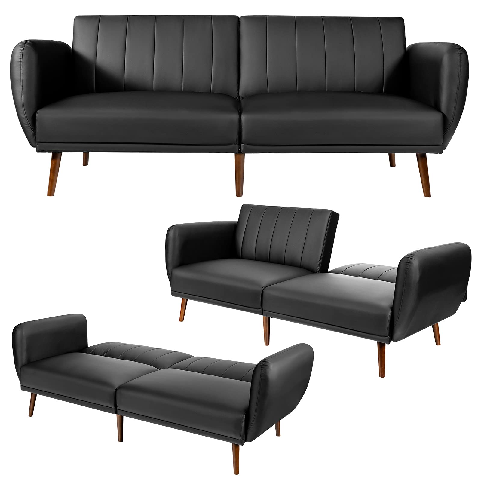 Giantex 3-Seater Convertible Futon Sofa Bed with High-Density Sponge, Adjustable Backrest & Rubber Wood Legs - Foldable Sleeper Couch with Armrests for Living Room, Bedroom, Office, Lounge & Small Spaces (Black) | Perfect for Guest Sleeping, Movie Nights & Compact Apartments
