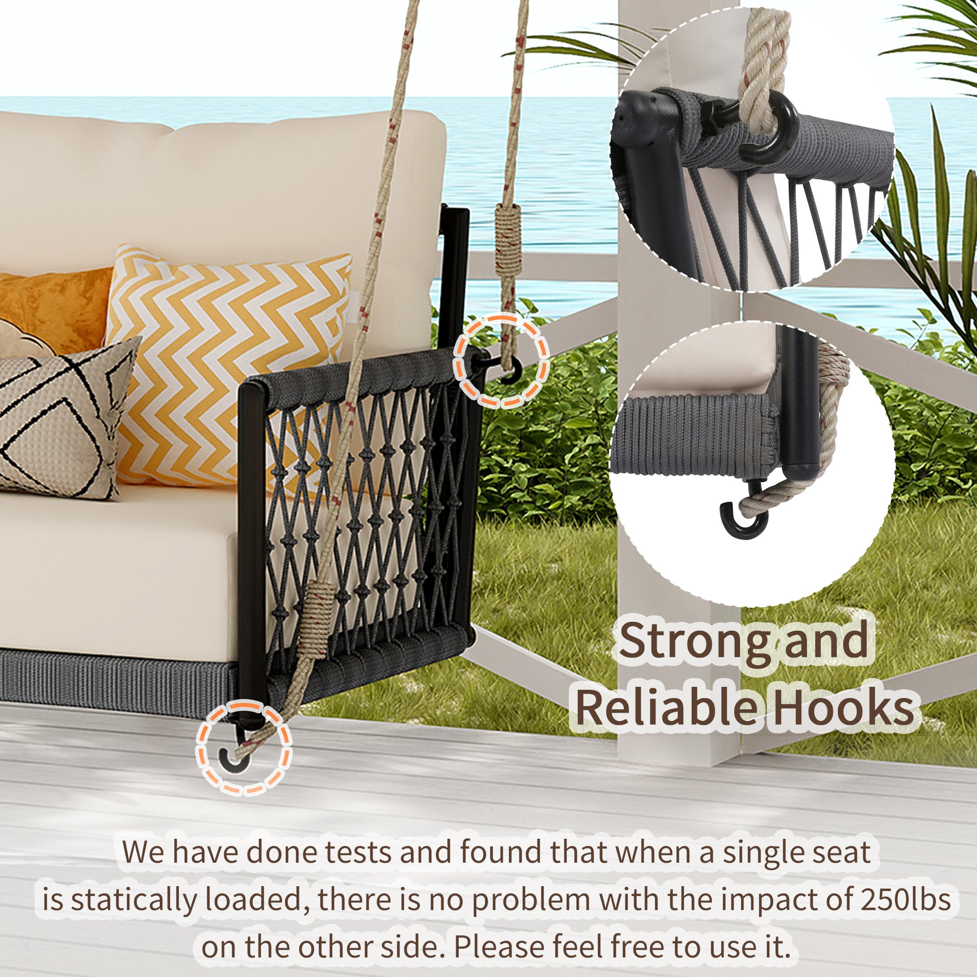 1 Piece Woven Rope Outdoor Swing Sofa with Soft Cushions - Seats 2 People - Perfect for Patio, Courtyard, Balcony & Garden Relaxation (Beige) - Ideal for Lounging, Reading & Outdoor Entertaining