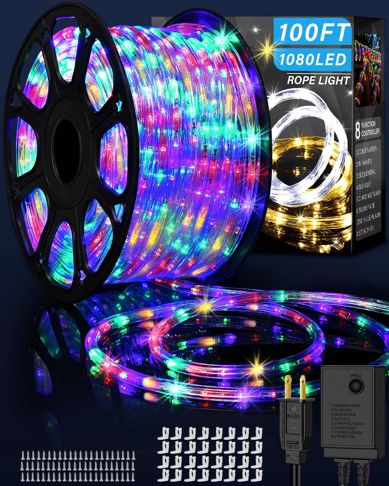 100ft 1080 LED Rope Lights Outdoor Waterproof Christmas Decorations - Flexible Connectable Tube Lights with 8 Lighting Modes, Multicolor String Lights for Garden, Patio, Tree, Bedroom, Xmas Party & Holiday Decorations