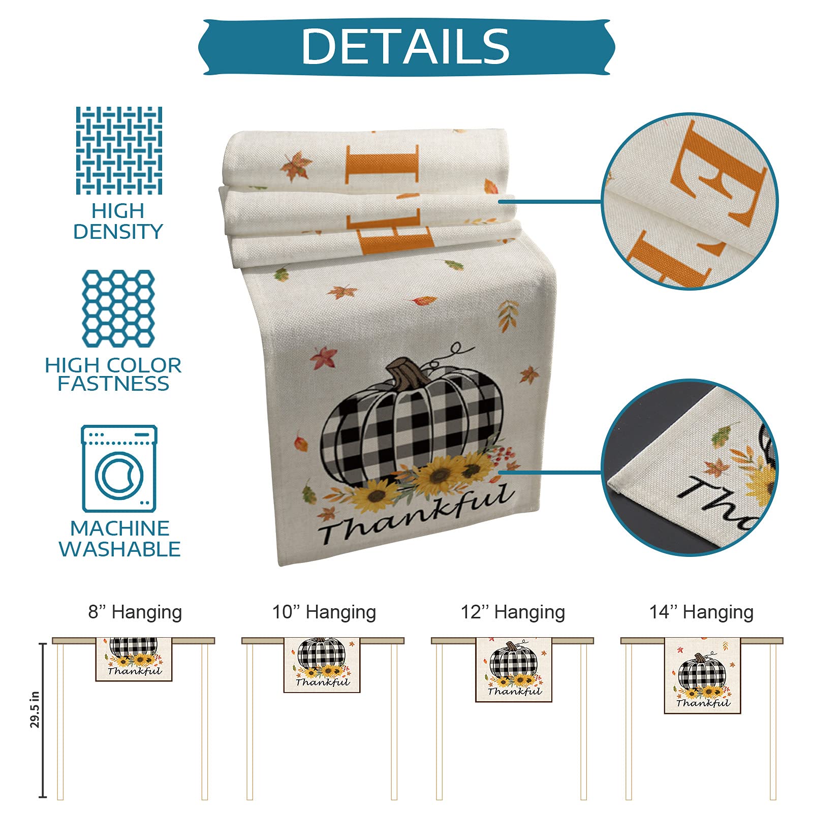 Pumpkin Sunflower Autumn Table Runners 36 Inches Long Washable Black White Buffalo Plaid Thanksgiving Table Runner for Round Table Kitchen Coffee Dining End Table Living Room Use, Perfect for Fall Decor and Holiday Gatherings