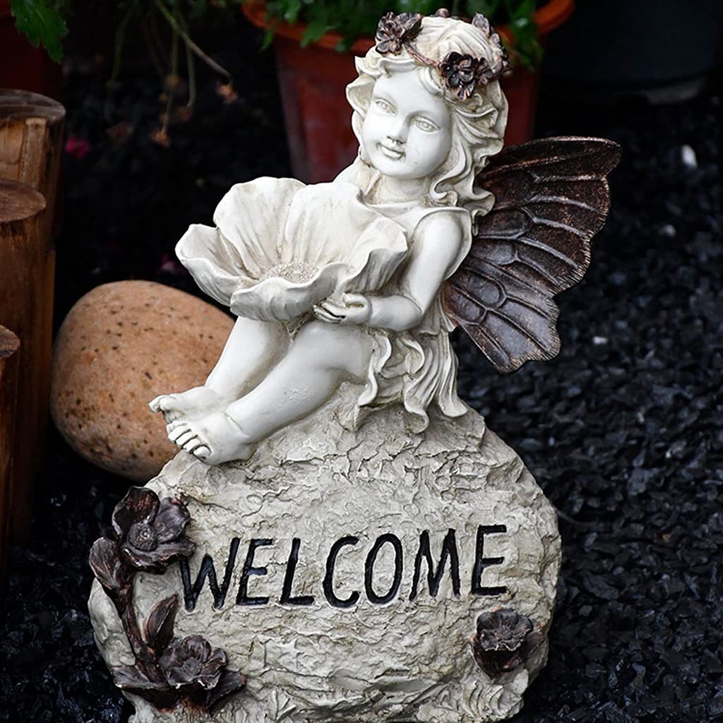 Vintage Garden Angel Statue - Outdoor Lawn Decor, Retro Flower Fairy Ornament with Welcome Card for Courtyard, Patio & Yard Decoration | Perfect for Garden, Wedding & Home Décor