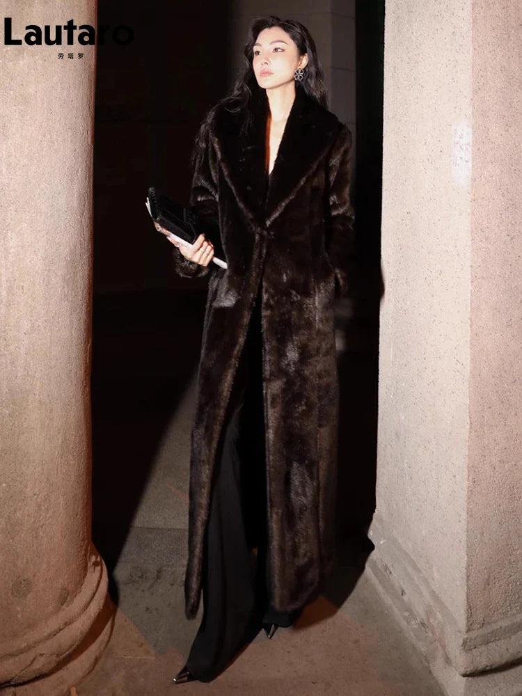 **Women's Extra Long Thick Warm Faux Mink Fur Coat - Soft Fluffy Shawl Collar Maxi Overcoat for Winter & Fall 2023 | Elegant Outerwear for Parties, Dates & Cold Weather**