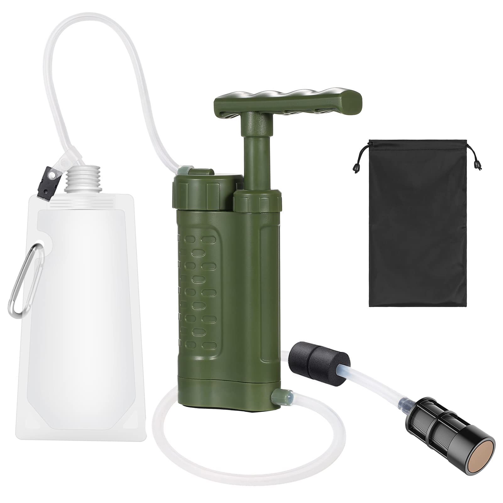 HXBER 0.01 Micron Portable Water Purifier Pump - Emergency Water Filtration System for Camping, Hiking & Survival Gear | Compact Outdoor Water Filter for Family Preparedness, Travel & Military Use (Army Green)