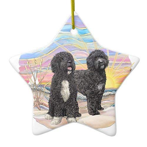 Ceramic Christmas Ornaments - Double Sided Ocean Sunrise Design with Two Portuguese Water Dogs, 3 Inch Hanging Tree Decor | Perfect for Holiday Home Decor, Gift Giving & Festive Christmas Tree Trimming