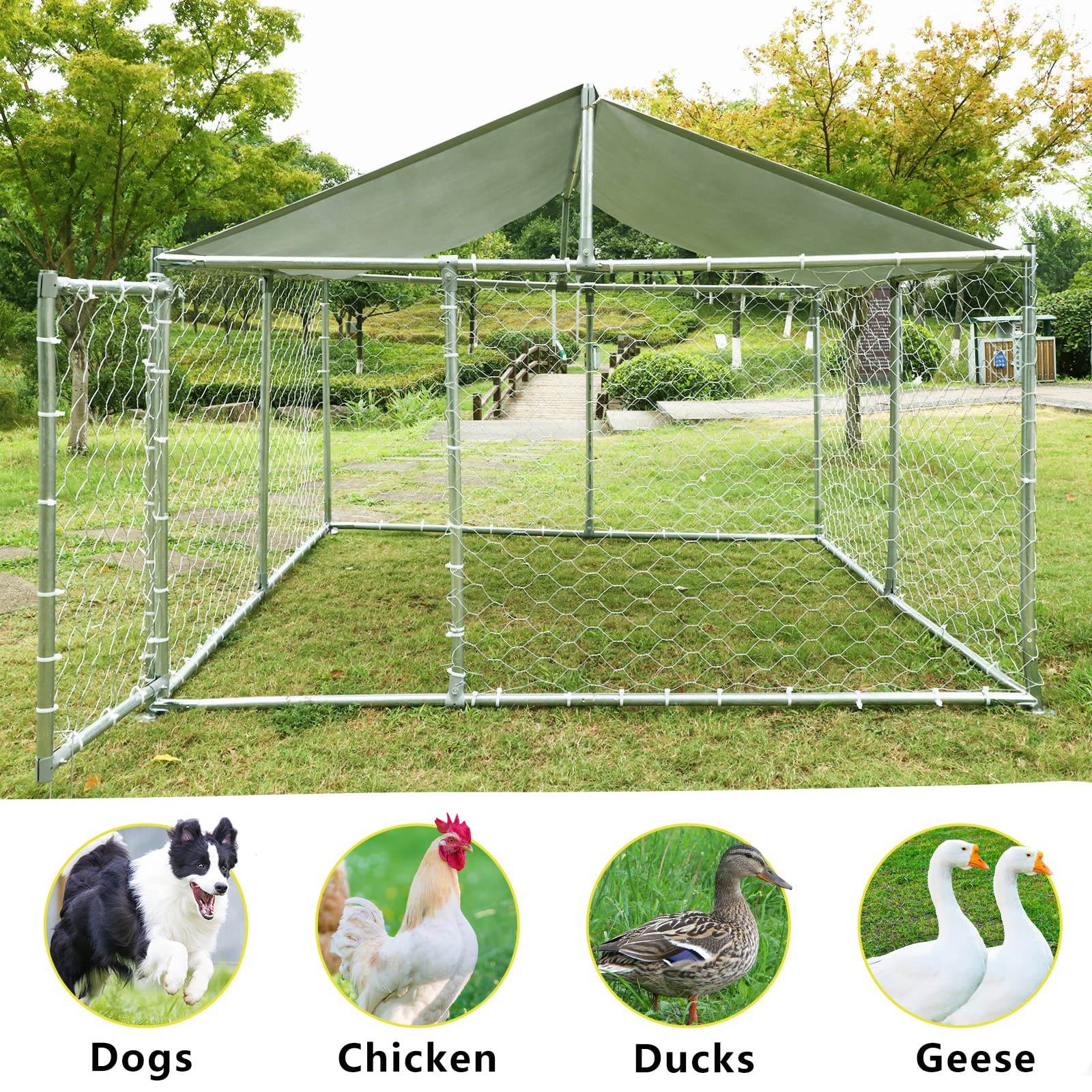 Heavy Duty Large Outdoor Dog Kennel - Extra Wide Metal Dog Cage with Waterproof Cover for Backyard, Farm & Patio - Durable Pet House for Big Dogs (Silver) - Perfect for Training, Travel & Outdoor Shelter