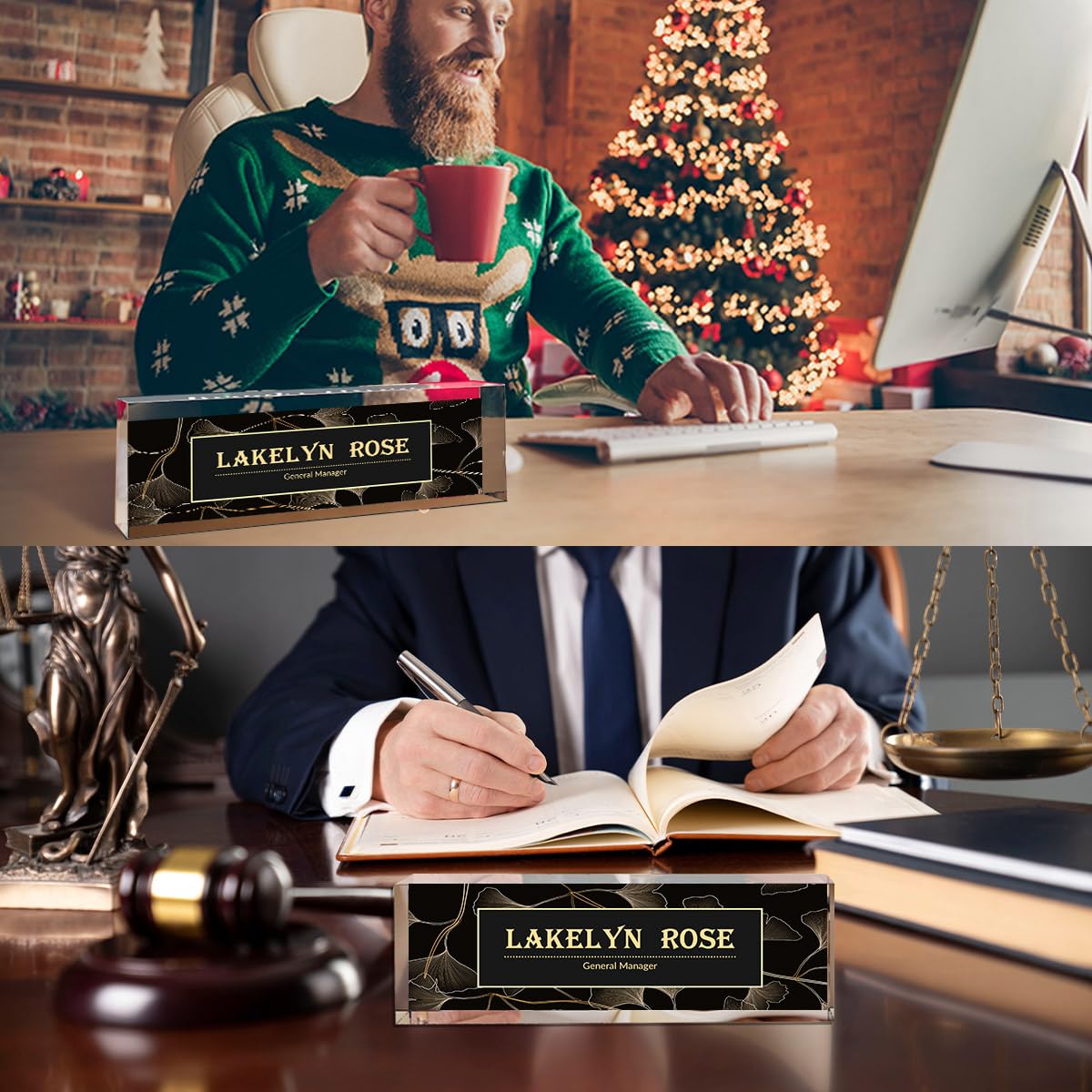 Custom Acrylic Desk Name Plate - Personalized Office Decor with Golden Leaf Design | Perfect for Coworker Gifts, Promotion Presents & Her Birthday | Ideal for Corporate Awards, Executive Desks & Reception Areas