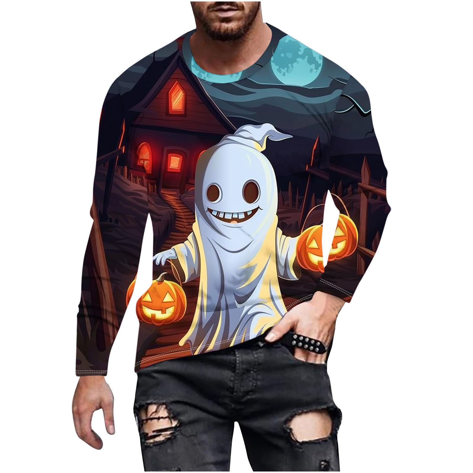 Funny Halloween T-Shirts for Men - Horror Graphic Long Sleeve Novelty Tees | Perfect for Halloween Parties, Costume Contests & Spooky Events