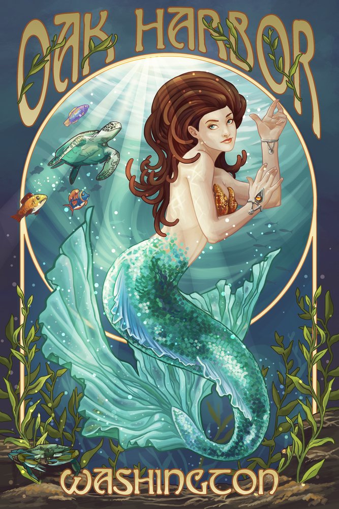 Lantern Press Oak Harbor Washington Mermaid Art - 16x24 Wrapped Canvas Wall Decor for Living Room, Bedroom & Office - Coastal Home Decor & Gift Idea