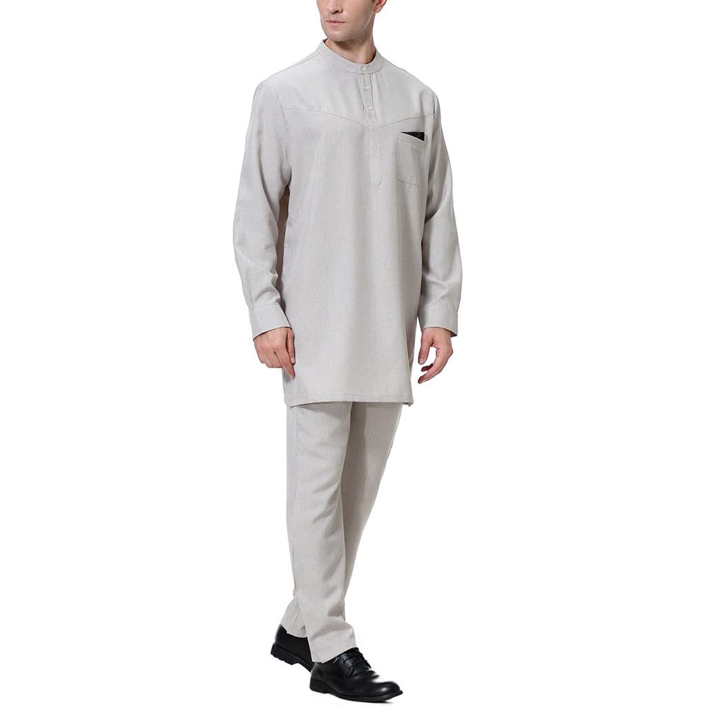 Islamic Muslim Men's 2-Piece Suit - Stand Collar T-Shirt & Pants for Eid, Ramadan & Middle Eastern Fashion | Modest Islamic Clothing for Prayer, Mosque & Special Occasions