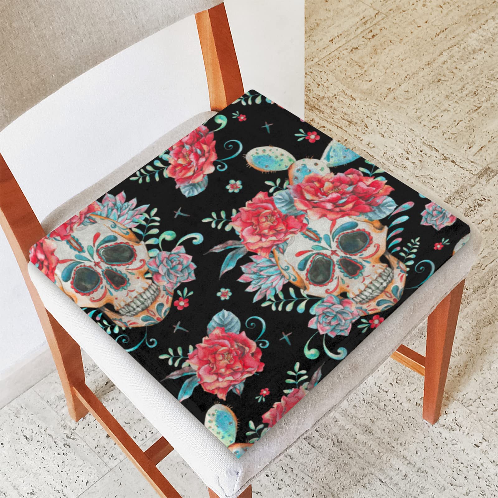 Sugar Skull Square Chair Cushions 16x16 Inches - Non-Slip Memory Foam Seat Pads for Dining Chairs, Kitchen, Office, Car & Outdoor Use - Floral Cactus Design for Patio, Living Room & Home Decor