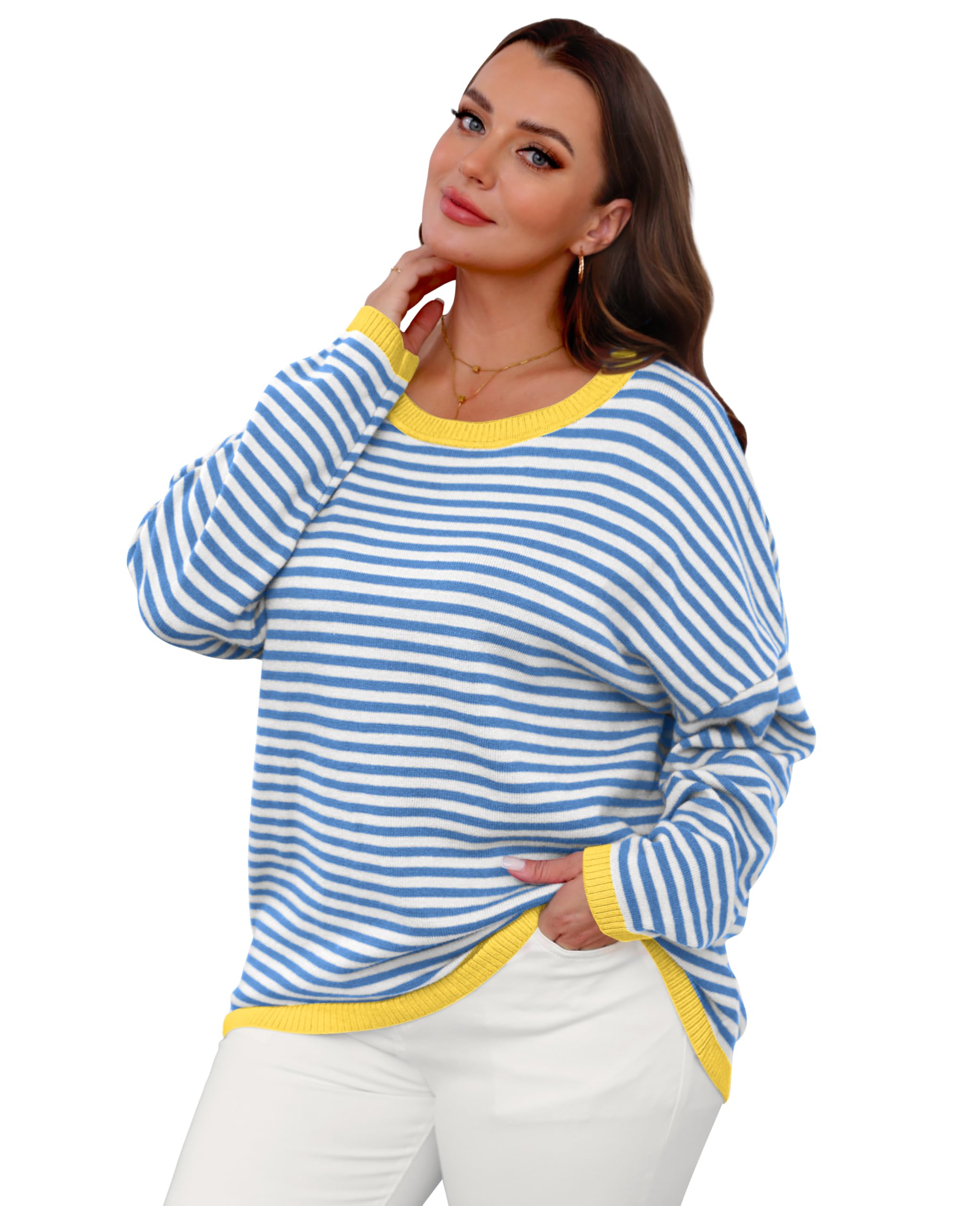 WIHOLL Women's Casual Long Sleeve Striped Sweater - Round Neck Knit Top for Work, Date Night & Fall Fashion | Soft Comfortable Pullover for Everyday Wear