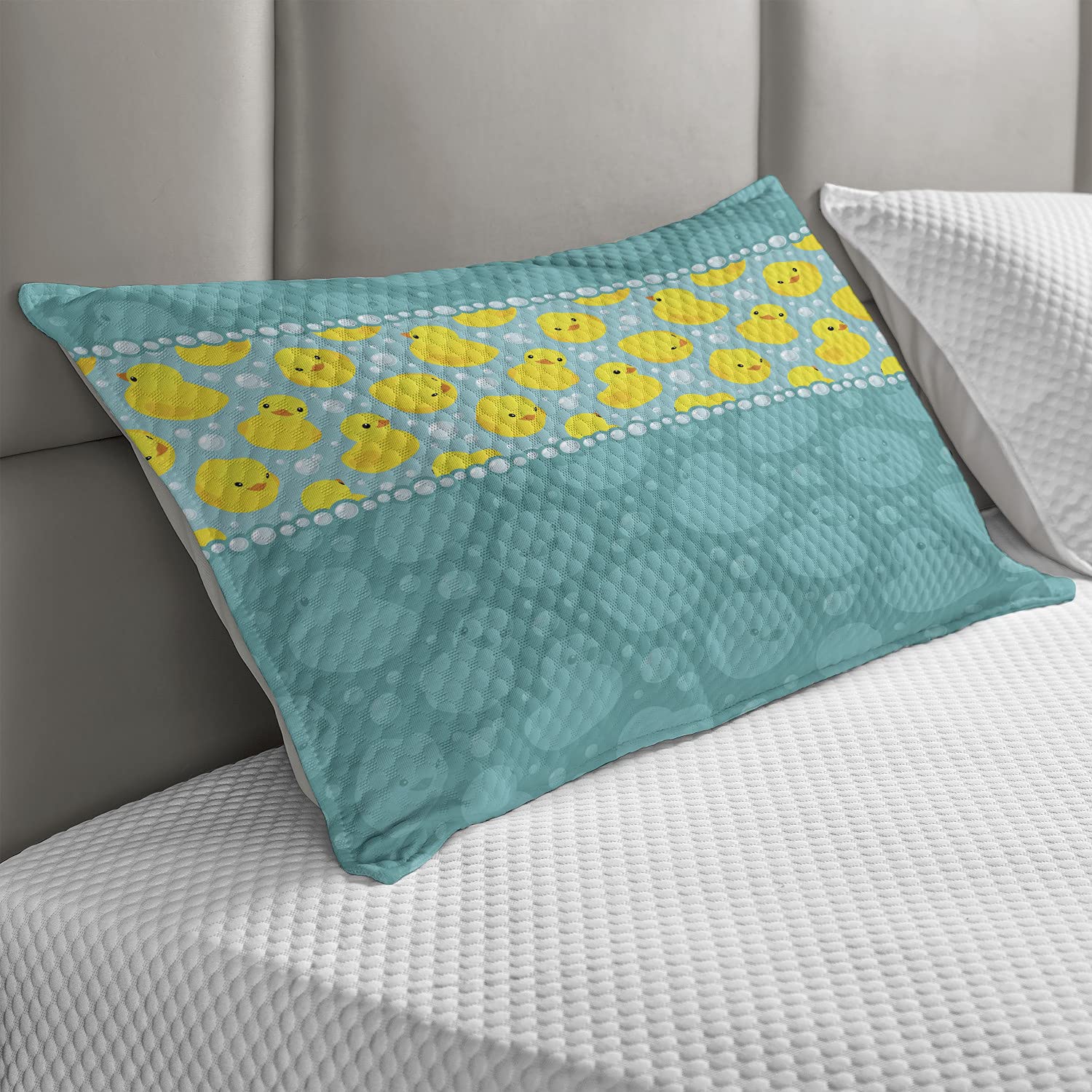 Ambesonne Rubber Duck Quilted Pillow Cover - Cartoon Duckies Swimming in Water with Fun Bubbles, Aqua & Teal Blue Standard Queen Size (30
