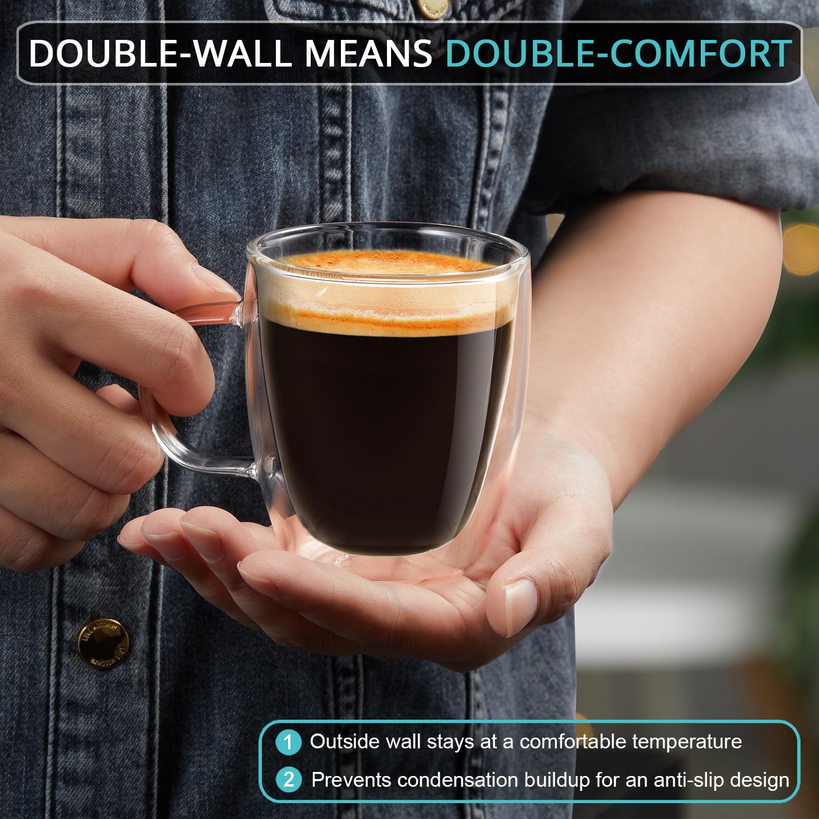 Premium Double Wall Glass Espresso Cups Set of 2 - 5.5oz Insulated Espresso Shot Glasses for Home & Cafe Use - Clear Heat-Resistant Cups Perfect for Espresso Machines & Coffee Accessories - Ideal for Italian Coffee, Latte Art & After-Dinner Drinks