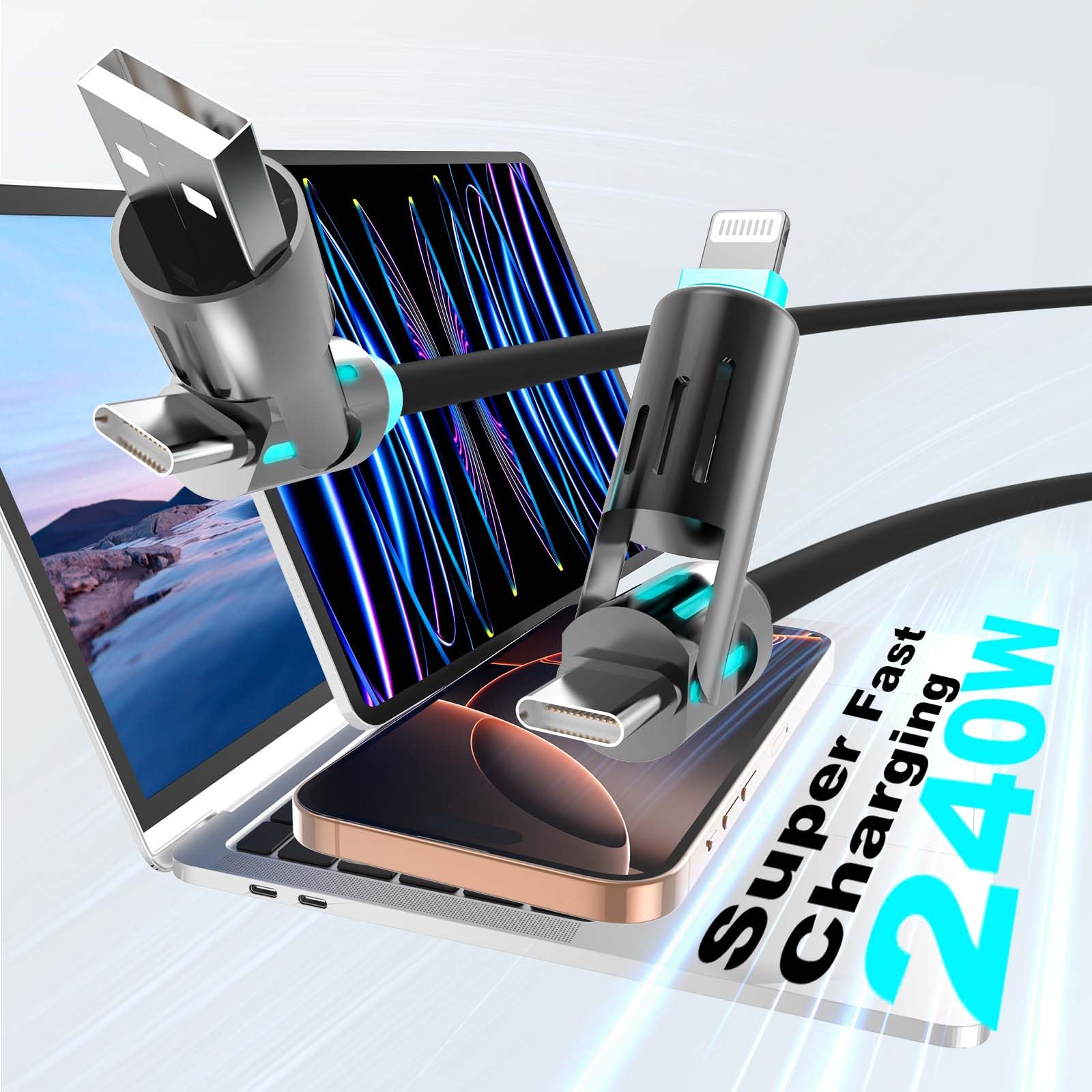 4-in-1 USB C Cable 6ft - 240W Fast Charging Cord with LED Indicator | USB A/C to C/Lightning Charger for iPhone 16/15/14 Pro, MacBook, iPad, Samsung Galaxy S25/S24 | Perfect for Home, Office & Travel Charging Needs