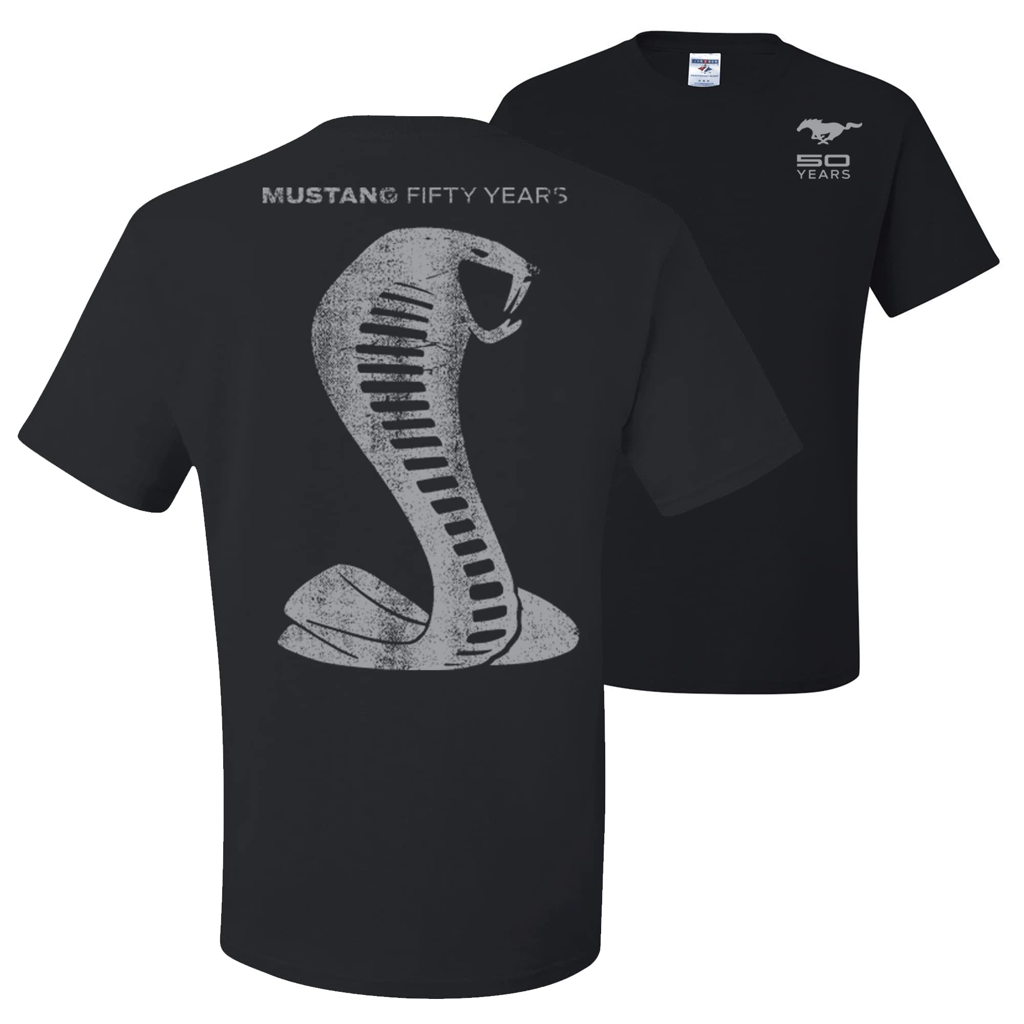 Official Ford Mustang Licensed 50th Anniversary Gray Snake Print Men's T-Shirt - Front & Back Design - Perfect for Car Enthusiasts & Mustang Fans at Shows, Cruises & Casual Wear