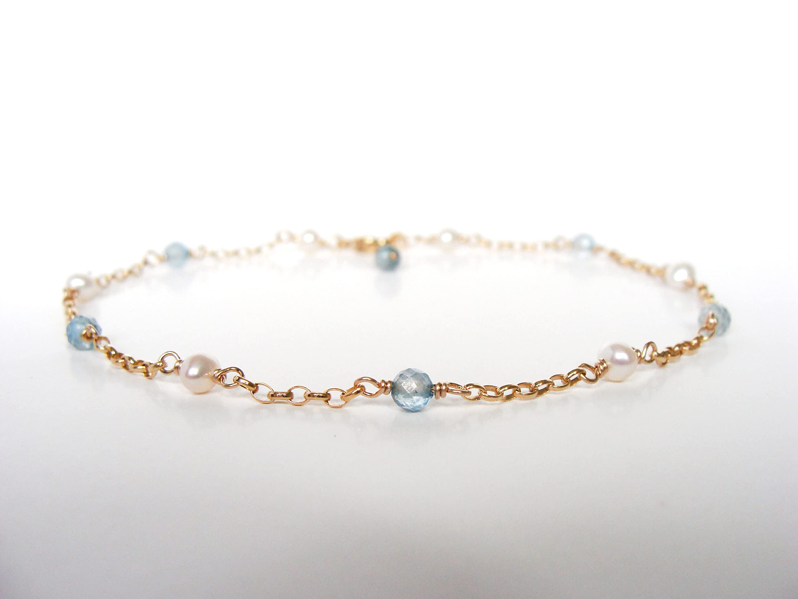 Gold Blue Topaz Pearl Anklet - Adjustable Gold-Filled Handmade Jewelry with Genuine Gemstones | Perfect for Weddings, Beach Vacations & Boho Fashion