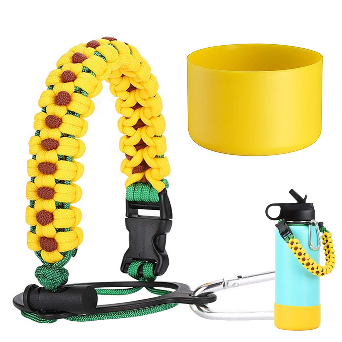 Paracord Handle & Silicone Boot for Wide Mouth Water Bottles 32-40oz | Universal Fit for All Brands | Sunflower Yellow | Perfect for Hiking, Camping & Outdoor Adventures