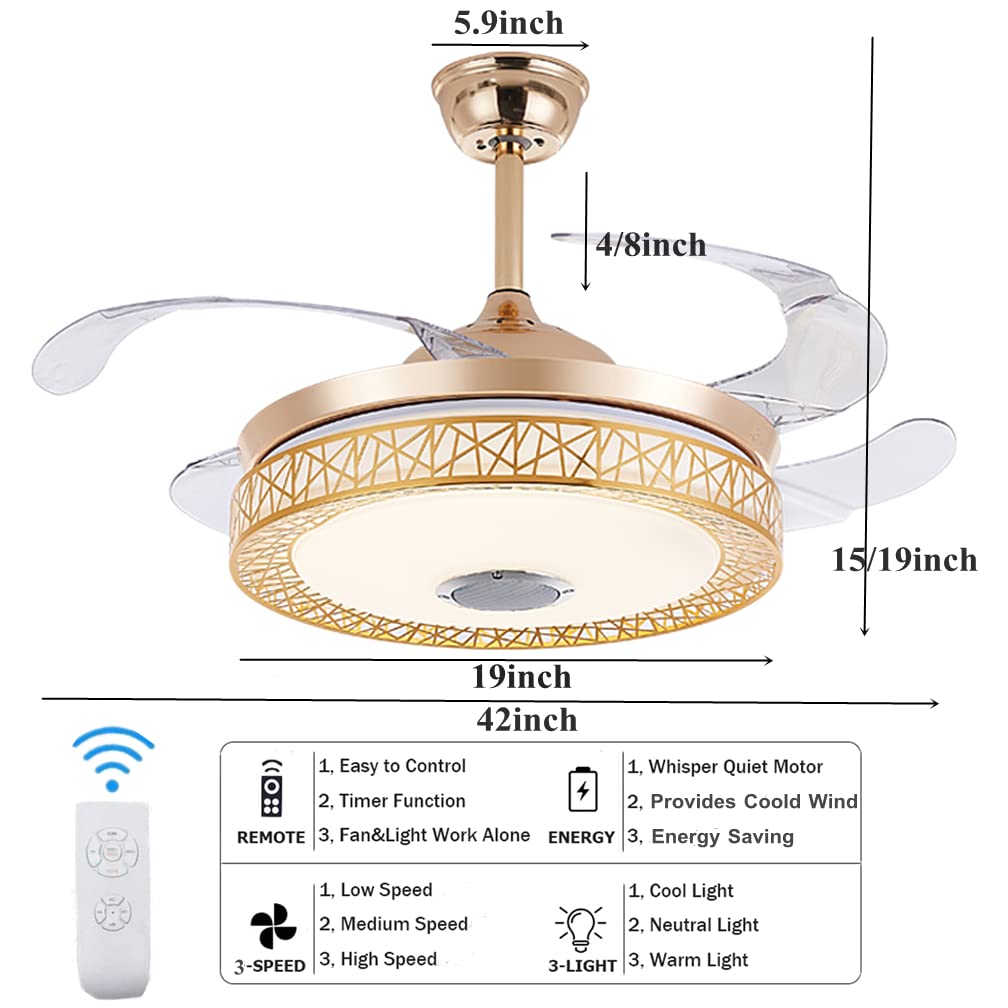 42 Inch Invisible Fandelier Ceiling Fan with LED Lights & Bluetooth Speaker - Retractable Chandelier Fan with Remote Control, 3 Light Colors & 3 Speed Settings - Ultra Quiet for Bedroom, Living Room, Dining Room - Perfect for Home Cooling & Ambient Lighting