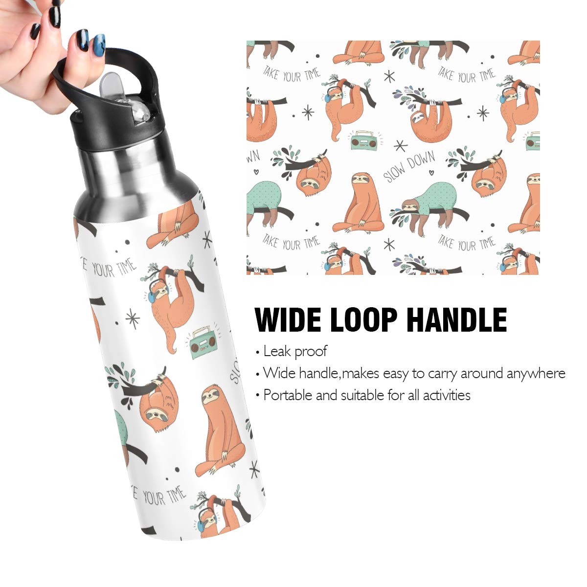 Qilmy 20 oz Stainless Steel Vacuum Insulated Water Bottle with Straw Lid - Leakproof Thermo Flask for Gym, Hiking & Outdoor Activities | Sloth Design Sport Bottle