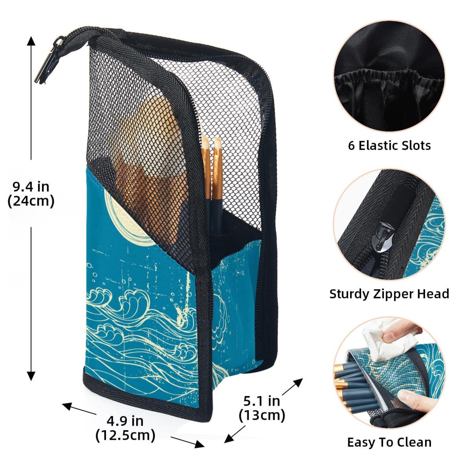 12-Piece Makeup Brush Organizer Bag with Beach Blue Wave Design - Portable Cosmetic Brush Holder Case for Travel, Home & Professional Makeup Artists