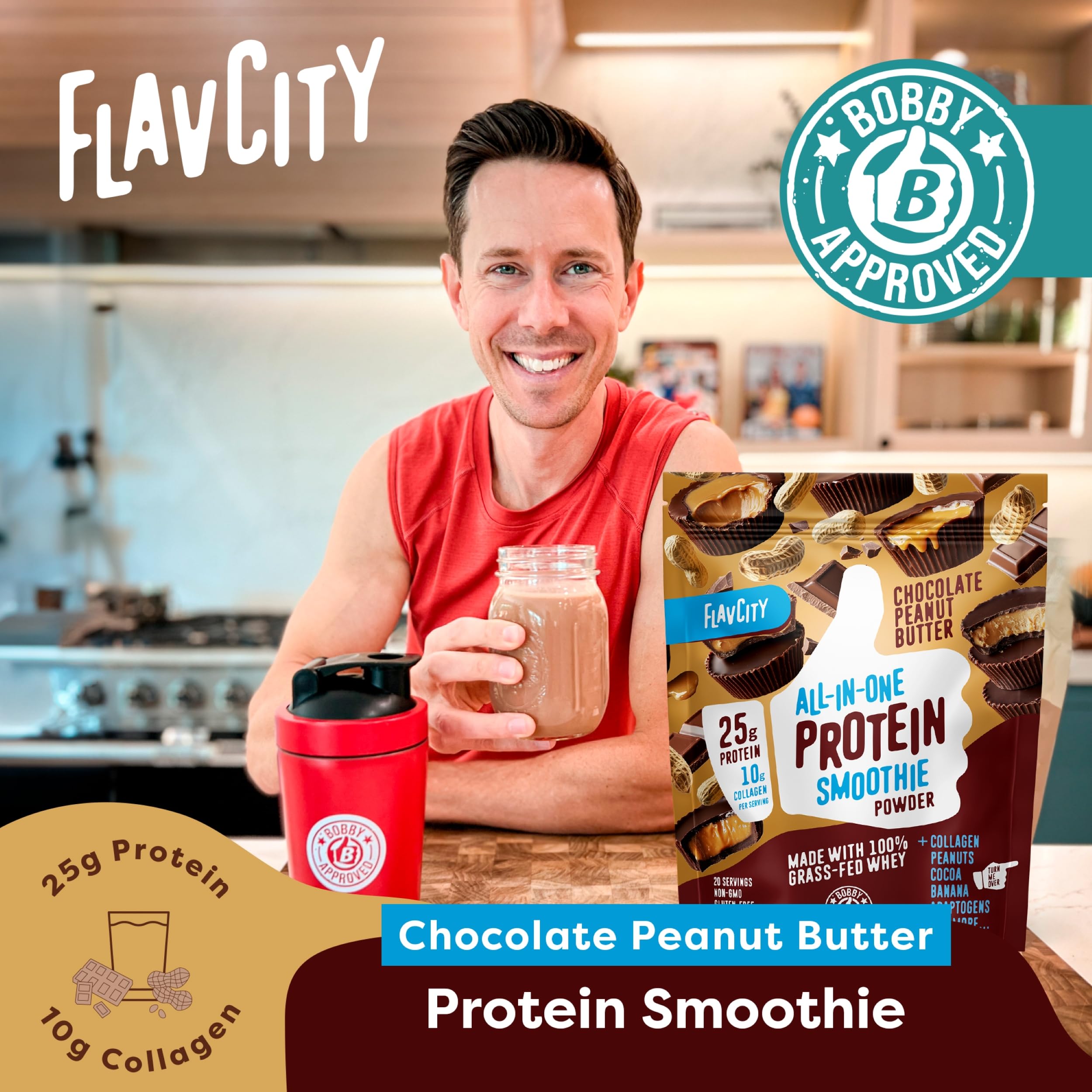 FlavCity Chocolate Peanut Butter Protein Powder Smoothie - 100% Grass-Fed Whey Protein with Collagen (25g Protein) | Gluten Free, No Added Sugars, 37.74 oz | Perfect for Post-Workout Recovery & Healthy Breakfast Smoothies