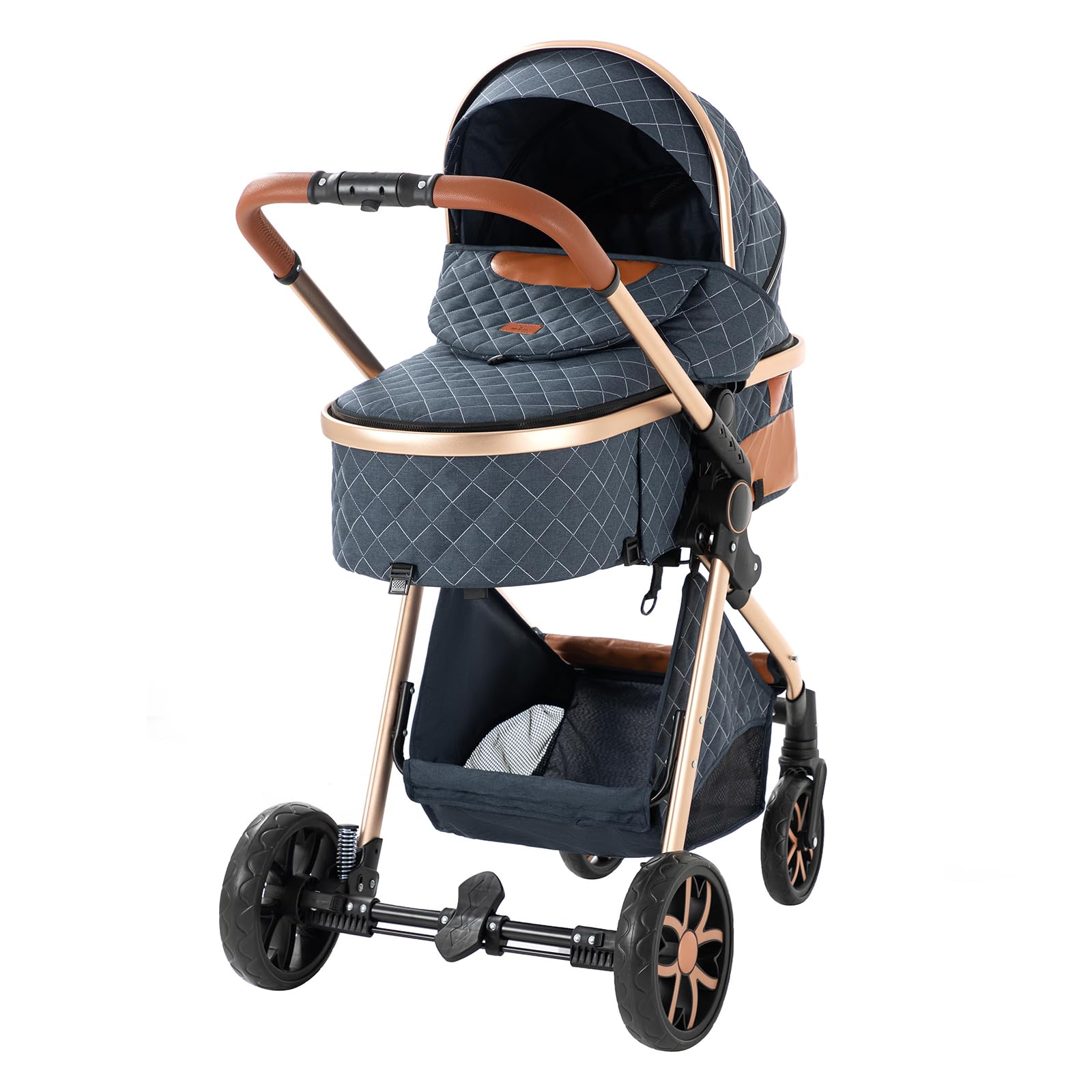 3 in 1 Reversible Baby Stroller Travel System - Foldable Luxury Pram Buggy for Newborn & Toddler (Blue) | Portable Lightweight Pushchair for Shopping, Park & Air Travel | MGV9 Model Without Base