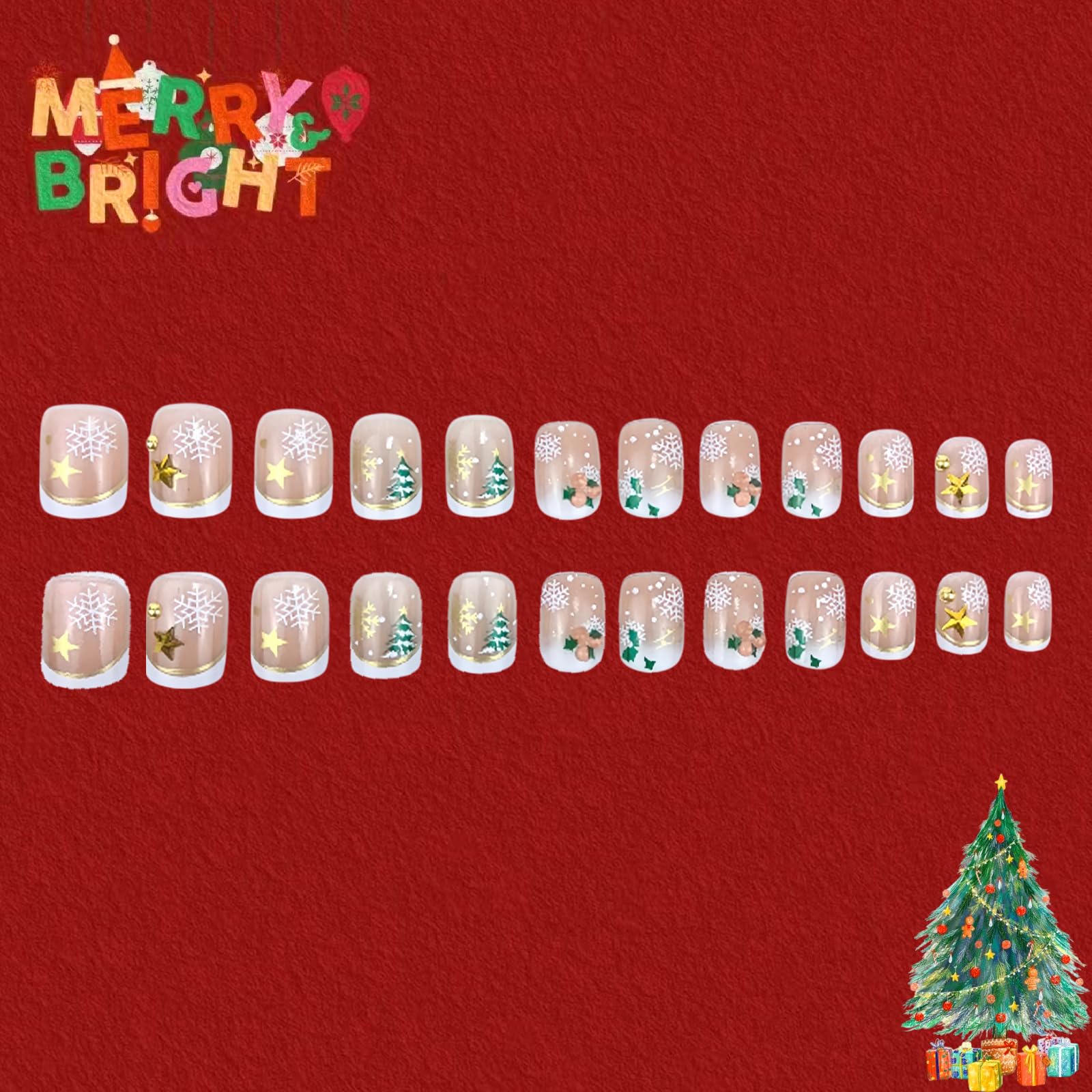 Christmas Snowflake Sequins Press on Nails - 24Pcs Square Fake Nails with Christmas Tree Design, Star Pearl Rhinestones for Women & Girls - Full Cover Glossy Stick on Nails for Holiday Parties, Winter Nail Decoration & Gift Giving