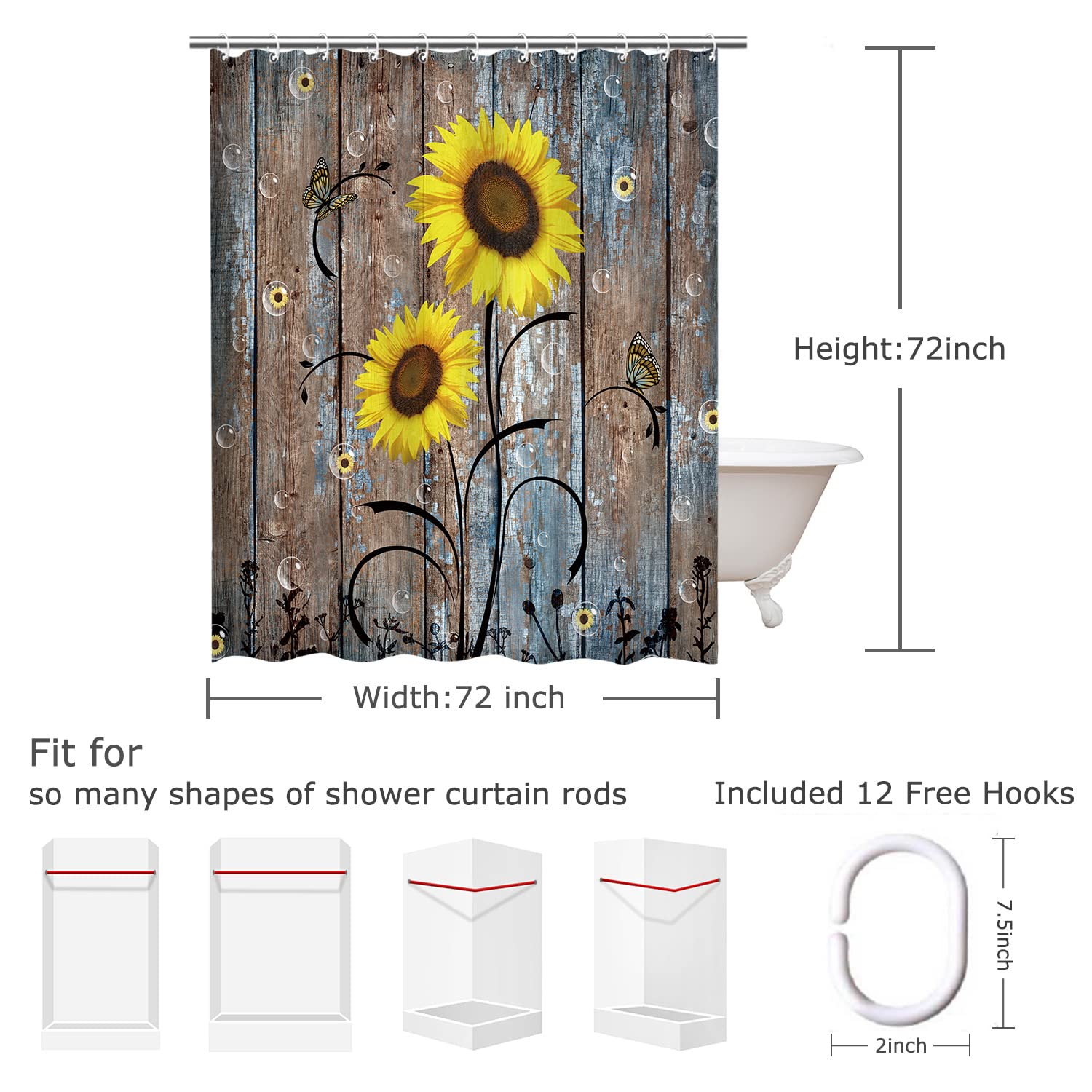 RosieLily Sunflower Shower Curtain - Rustic Yellow Floral Farmhouse Bathroom Decor, 72x72 Inch Waterproof Fabric Shower Curtain with Hooks | Perfect for Fall/Autumn Country Style, Western & Farmhouse Bathrooms