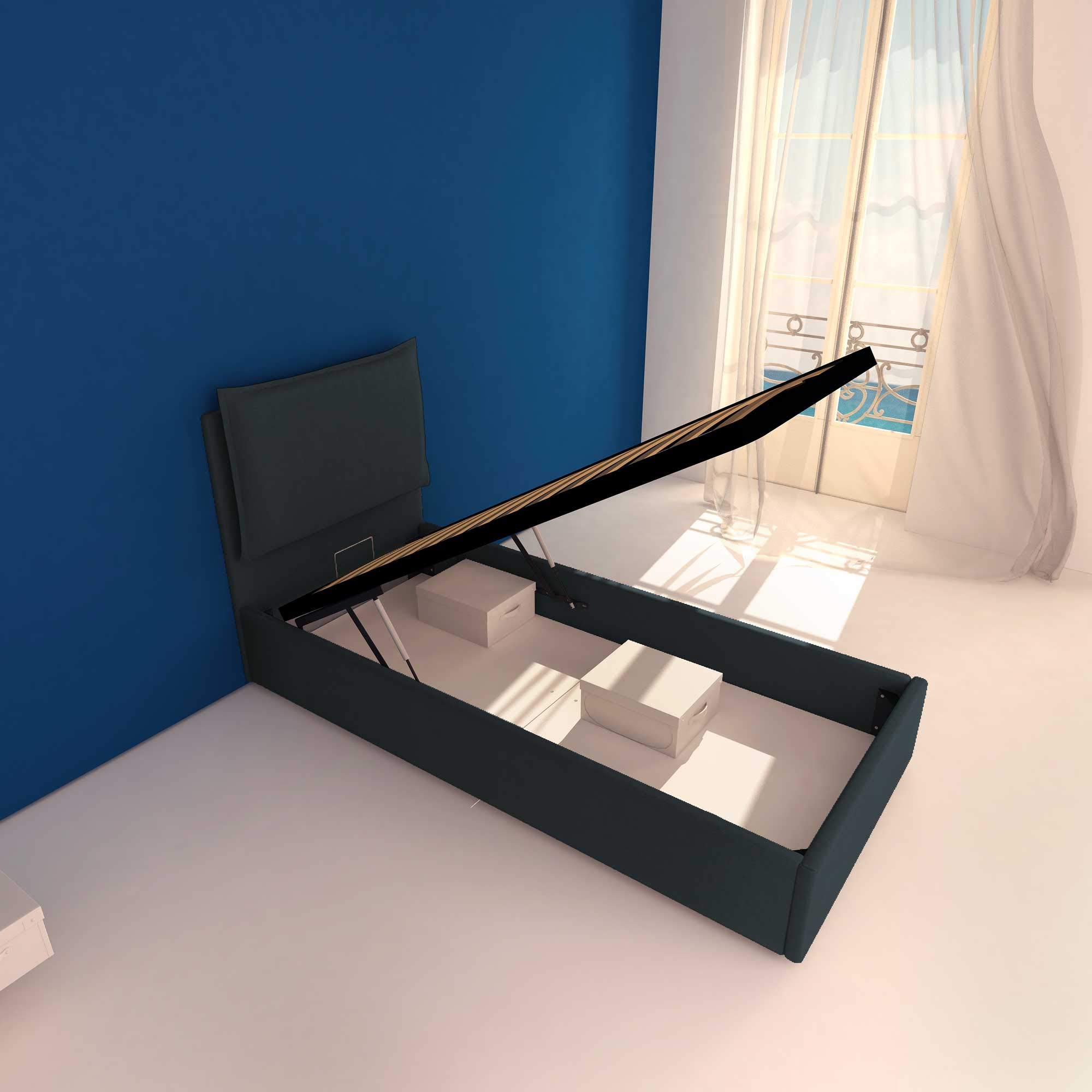 Baldiflex Single Bed with Storage, Licia Model, Synthetic Leather Upholstery, Slatted Base for Single Mattress, 90 x 190 cm, Padded Headboard, Blue Grey - Perfect for Small Bedrooms, Guest Rooms & Studio Apartments