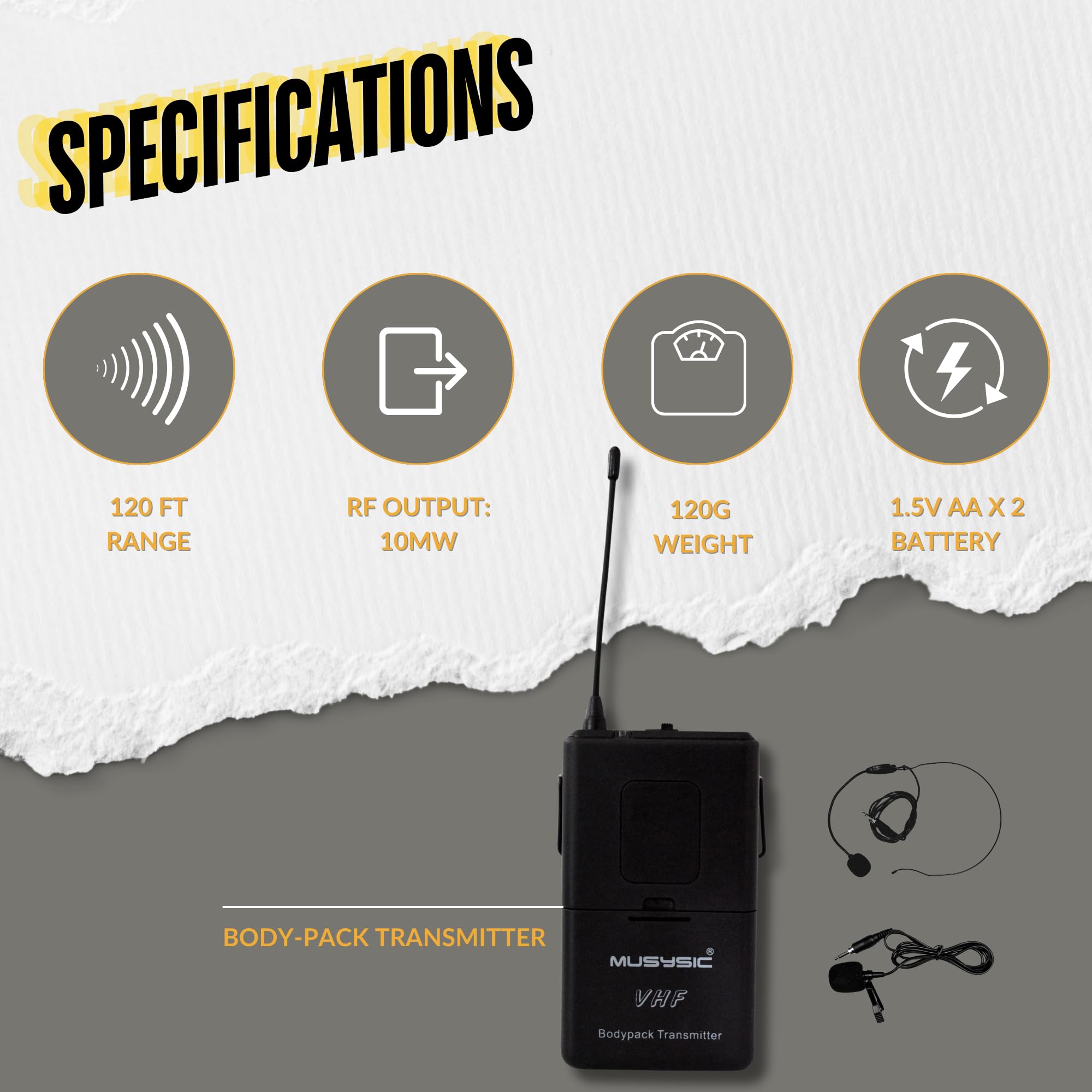 Musysic Wireless Microphone System - VHF Lapel Lavalier Headset with Transmitter & Receiver, 2-Channel SM Technology, 1/4