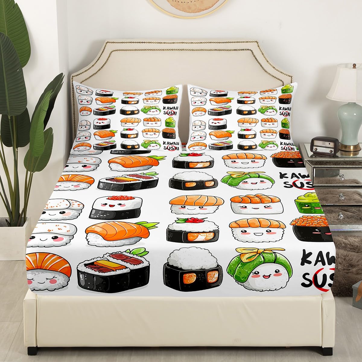 Japanese Kawaii Sushi Bed Sheet Set Queen Size - 4 Piece Funny Food Themed Bedding (Fitted Sheet, Flat Sheet, 2 Pillowcases) for Kids Room Decor | Cute Anime Style Bedroom Accessories for Teen Girls & Boys