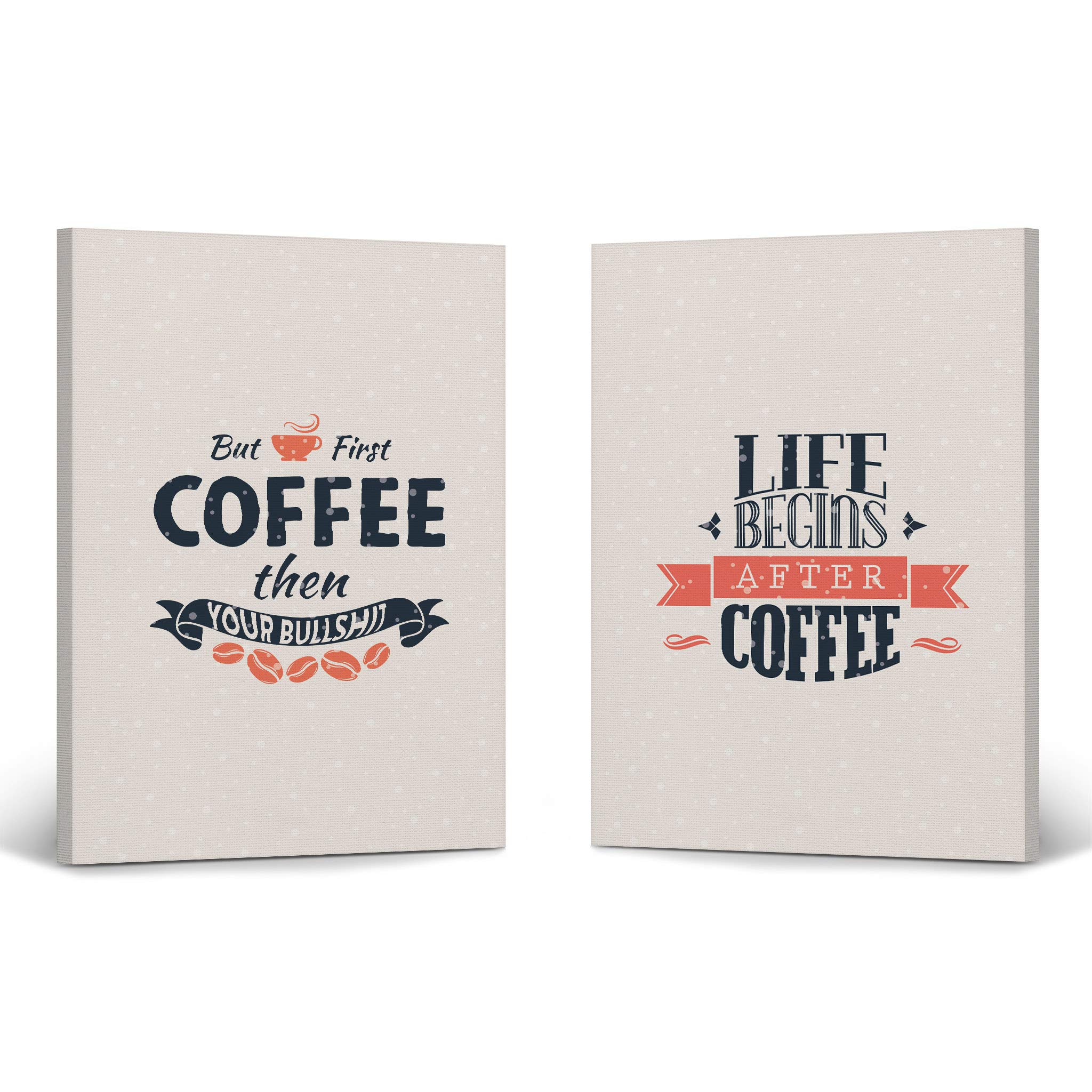 Life Begins After Coffee & But First Coffee 2-Panel Canvas Wall Art Set - Inspirational Kitchen Decor, Coffee Shop Sign, Farmhouse & Restaurant Decor (28x19 inches) - Perfect for Home, Office & Cafe Decorations