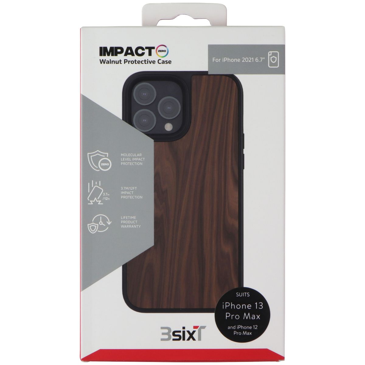 3SIXT Impact Zero Walnut Wood Case for iPhone 13 Pro Max - Premium Black/Walnut Wood Protective Cover | Slim & Durable Phone Case for Everyday Use, Work & Outdoor Activities