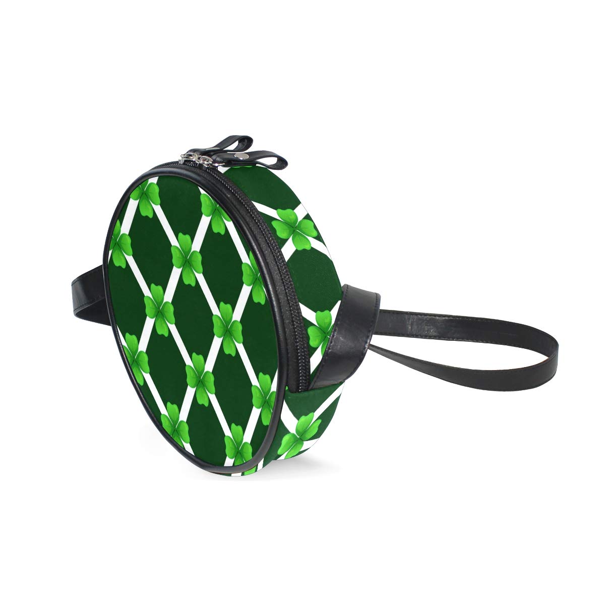 Stylish Green Shamrock Diamond Canvas Crossbody Bag for Women - Round Shoulder Purse with Black Background, Perfect for Beach Outings & Casual Daily Use