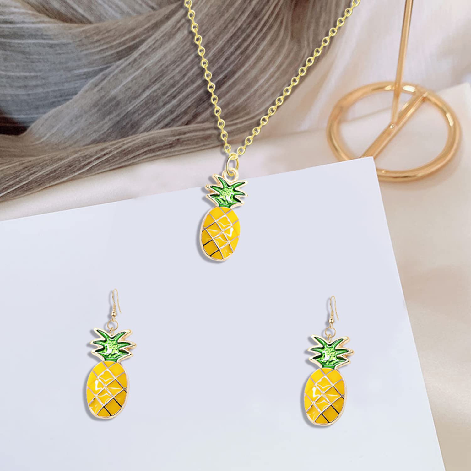 2pcs Tropical Pineapple Earrings & Pendant Necklace Set - Yellow Fruit & Green Leaf Dangle Jewelry for Women | Perfect for Summer, Beach, and Vacation Outfits