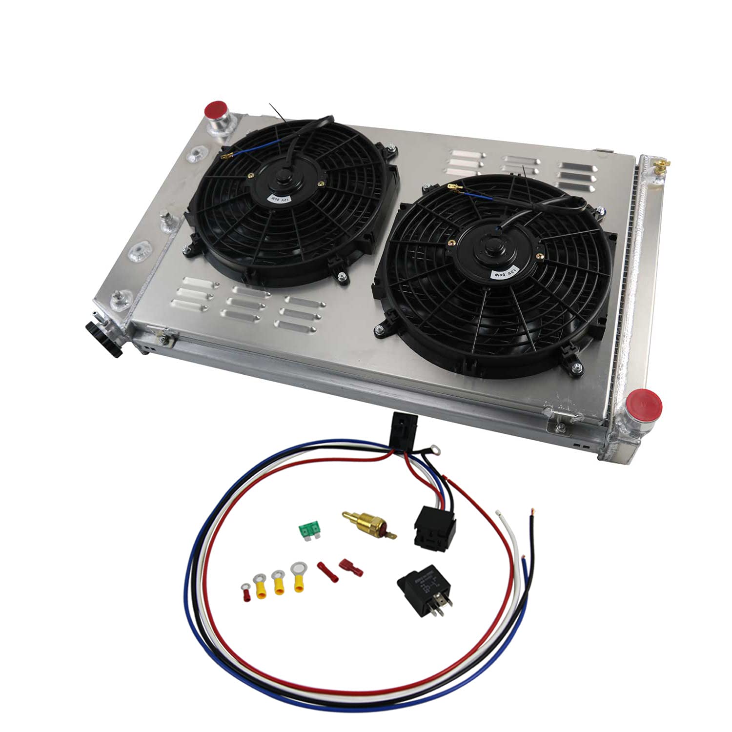 High Performance 4-Row Aluminum Racing Radiator for Chevy Camaro 1970-1981, Monte Carlo 1980-1987, G-Body Oldsmobile Cutlass & Pontiac Grand Prix - Includes Shroud, Fans & Relay Kit - Perfect for Street Racing, Drag Racing & Performance Upgrades